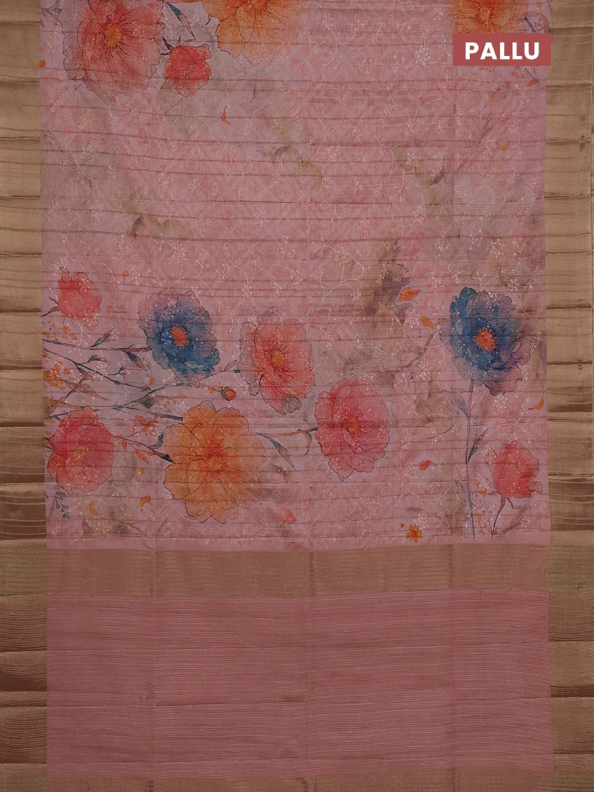 Semi matka saree peach shade with allover floral prints & sequence work and zari woven border - Image 3