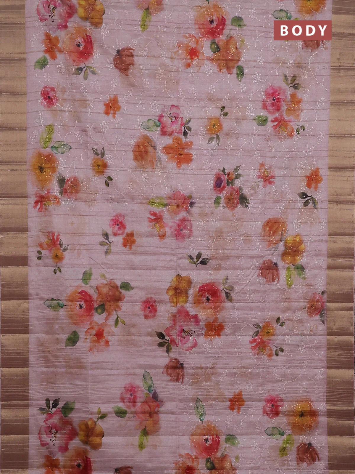 Semi matka saree peach shade with allover floral prints & sequence work and zari woven border - Image 2