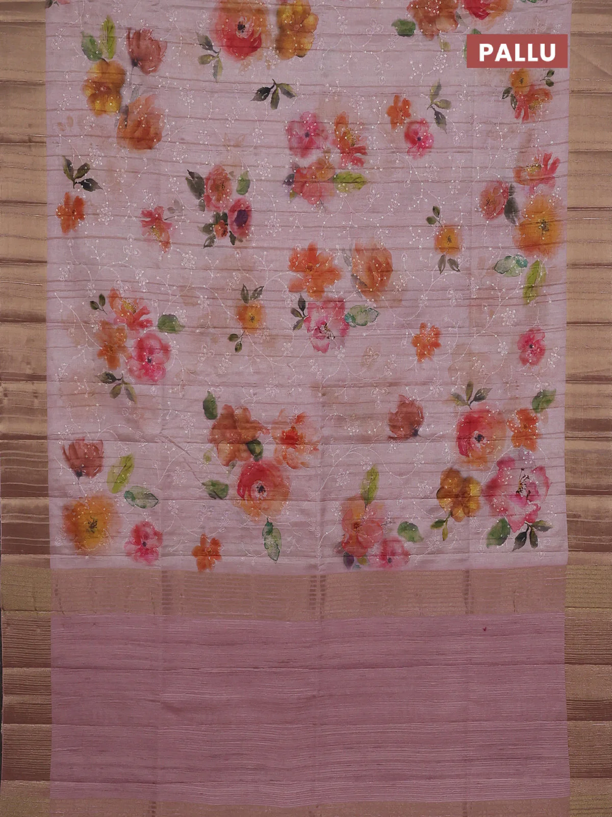 Semi matka saree peach shade with allover floral prints & sequence work and zari woven border - Image 3