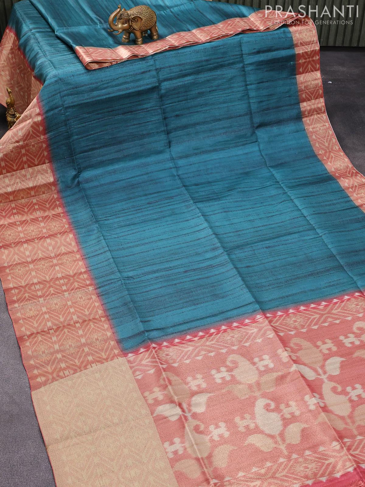 Semi matka saree peacock blue and pink shade with plain body and zari woven ikat style border - Image 2