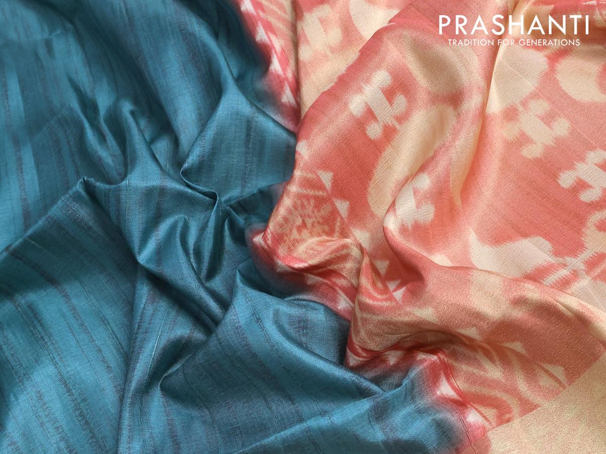 Semi matka saree peacock blue and pink shade with plain body and zari woven ikat style border - Image 4