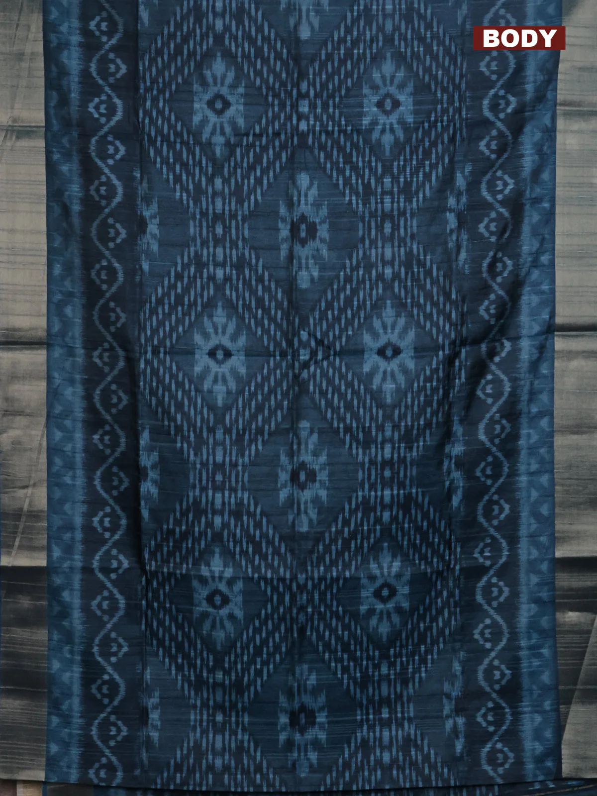 Semi matka saree peacock blue with allover ikat prints and zari woven border - Image 2
