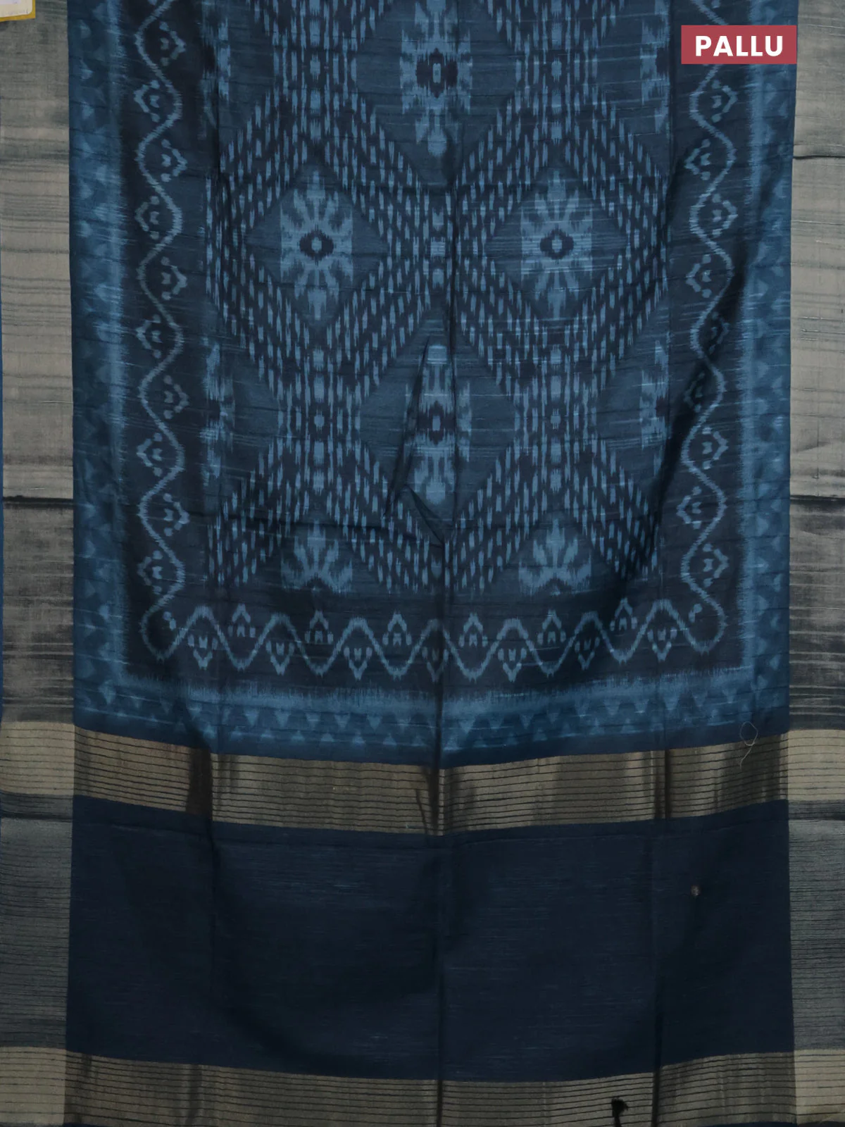 Semi matka saree peacock blue with allover ikat prints and zari woven border - Image 3