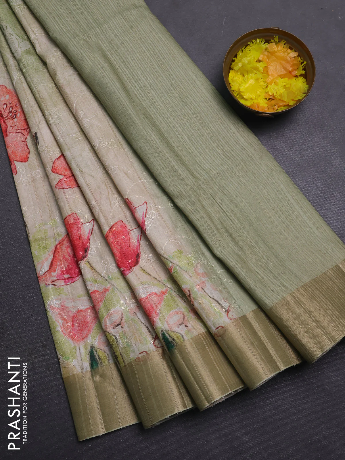 Semi matka saree pista green with allover floral prints & sequence work and zari woven border