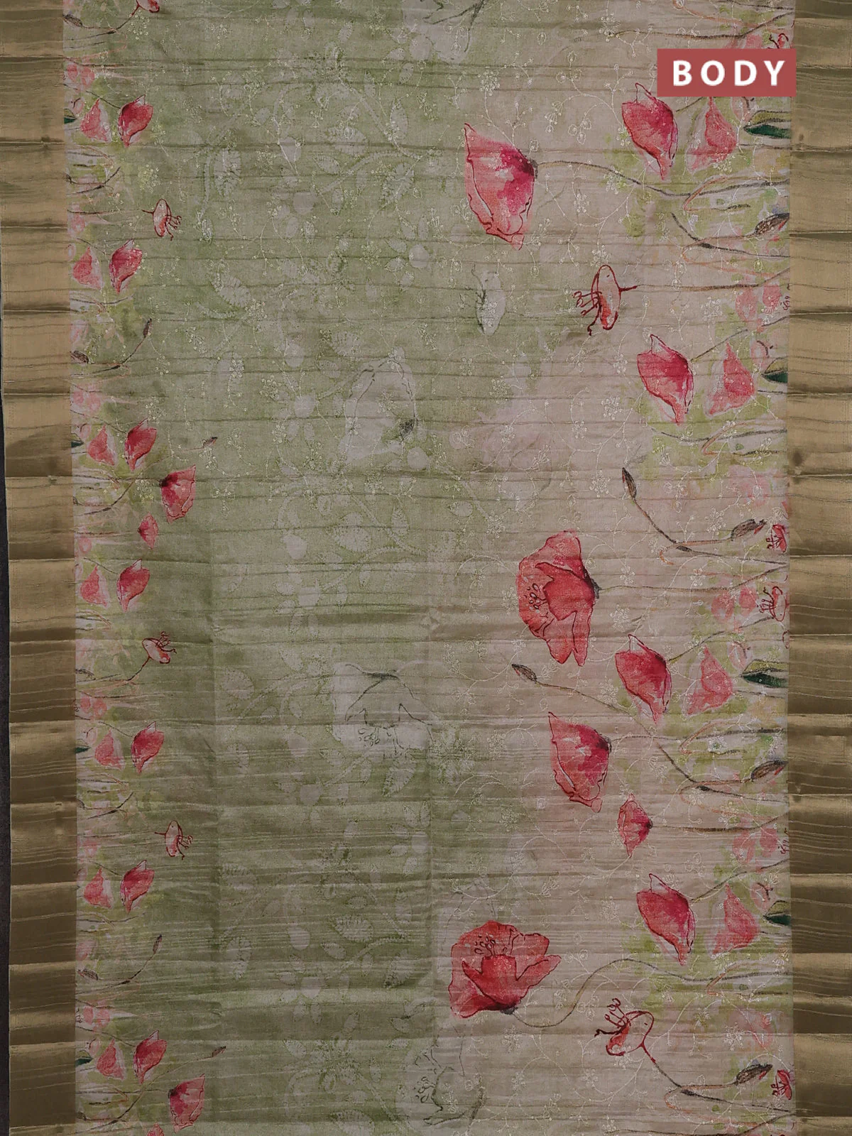 Semi matka saree pista green with allover floral prints & sequence work and zari woven border - Image 2