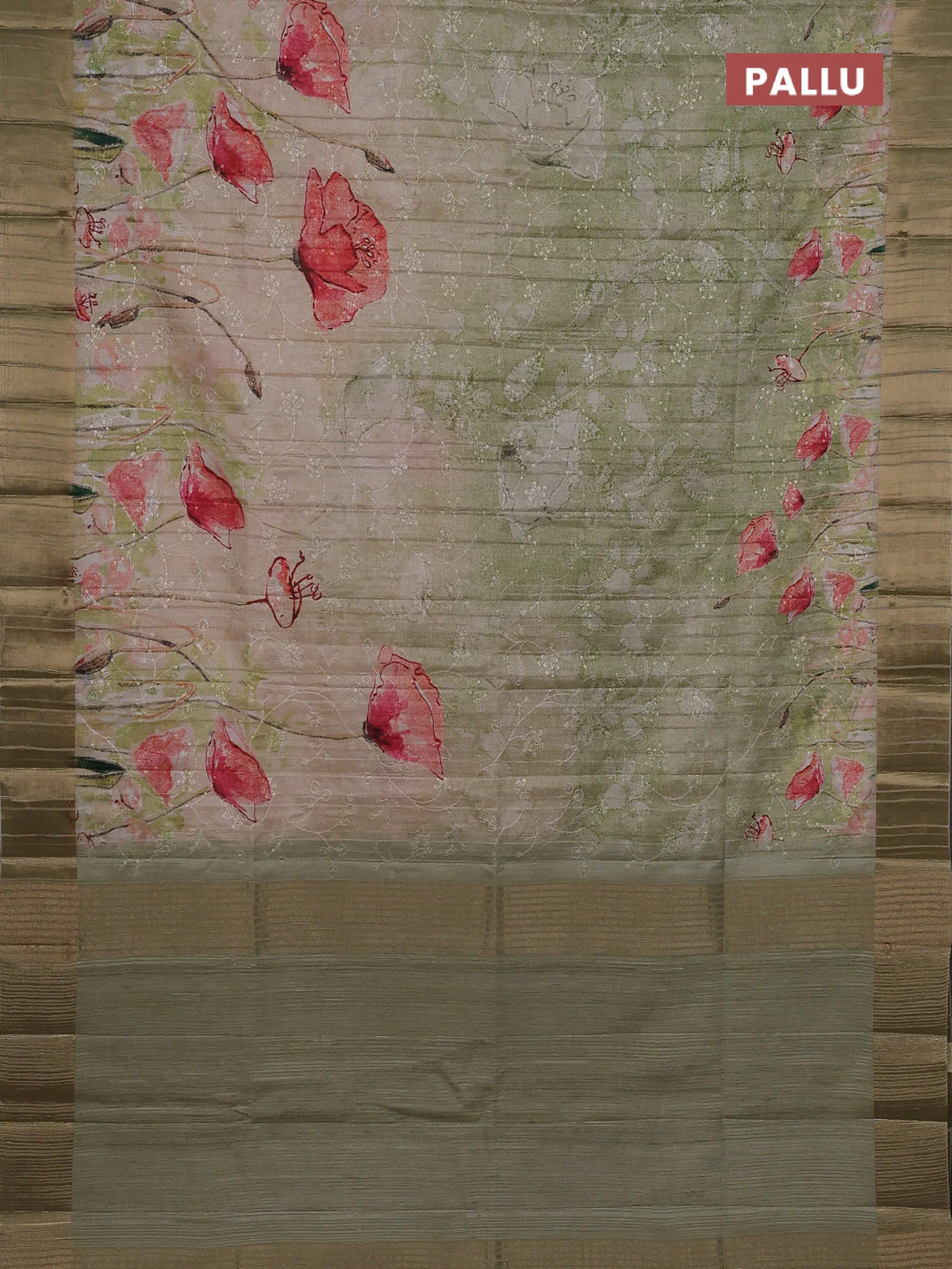 Semi matka saree pista green with allover floral prints & sequence work and zari woven border - Image 3