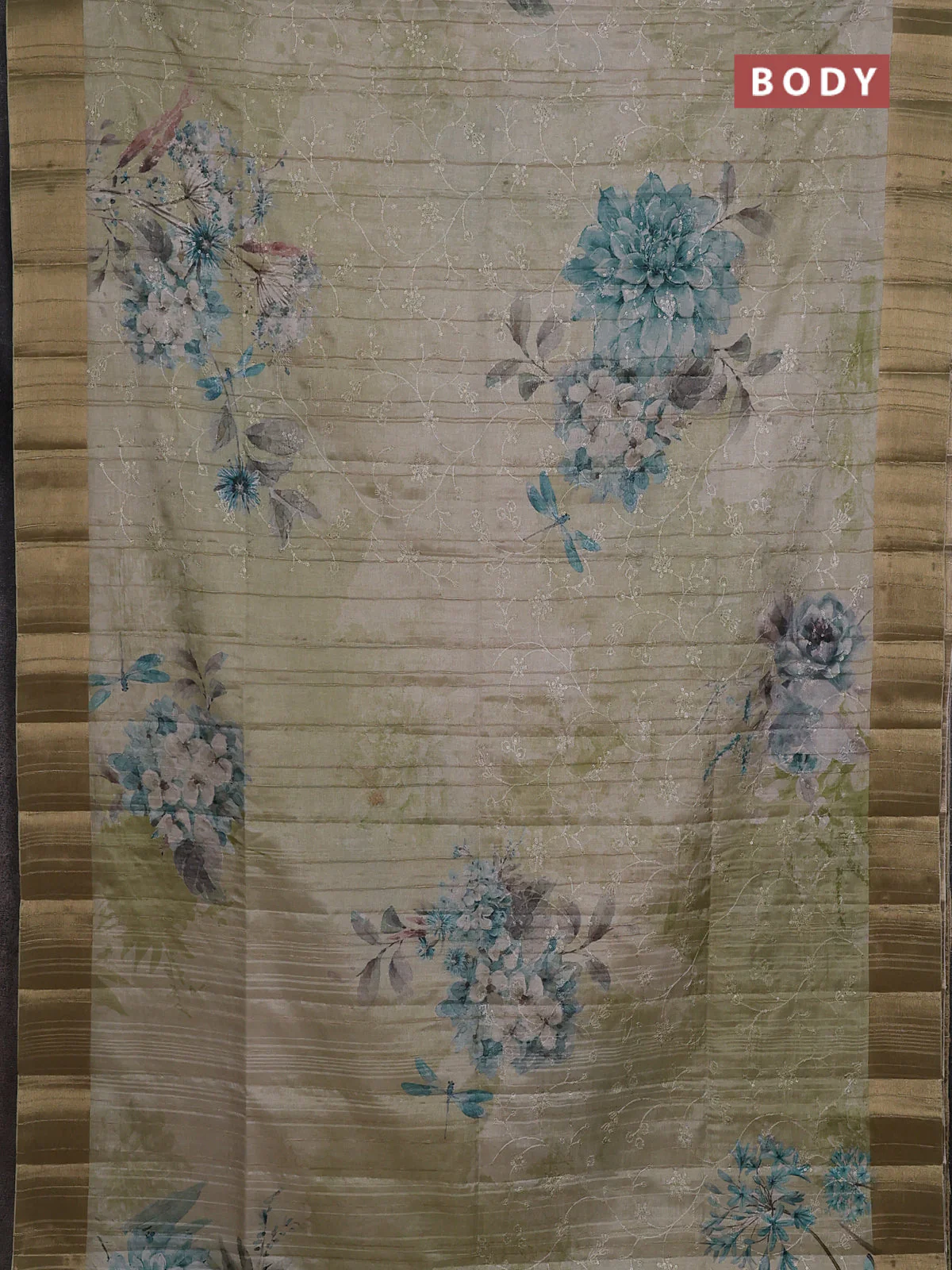 Semi matka saree pista green with allover floral prints & sequence work and zari woven border - Image 2