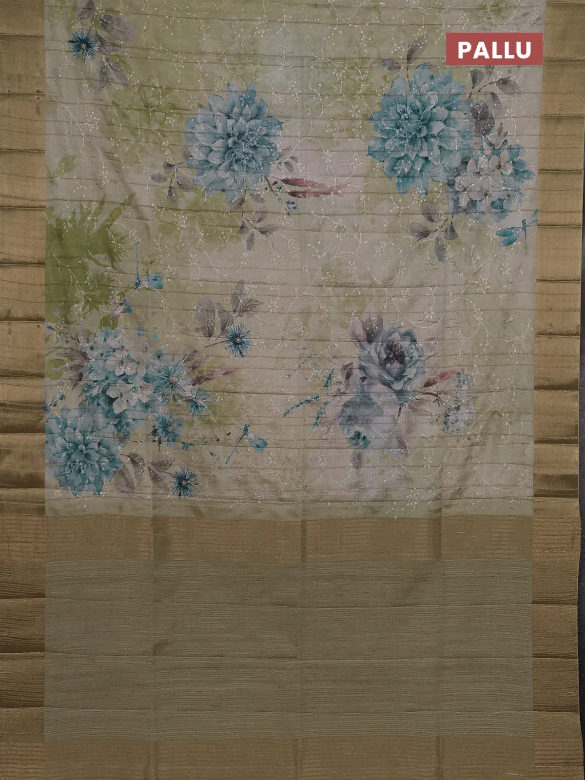 Semi matka saree pista green with allover floral prints & sequence work and zari woven border - Image 3