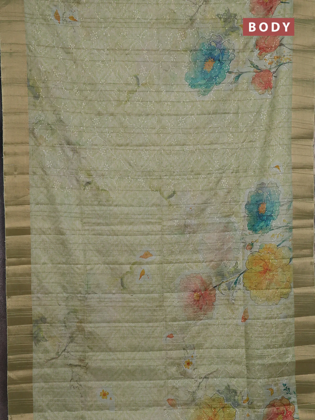 Semi matka saree pista green with allover floral prints & sequence work and zari woven border - Image 2
