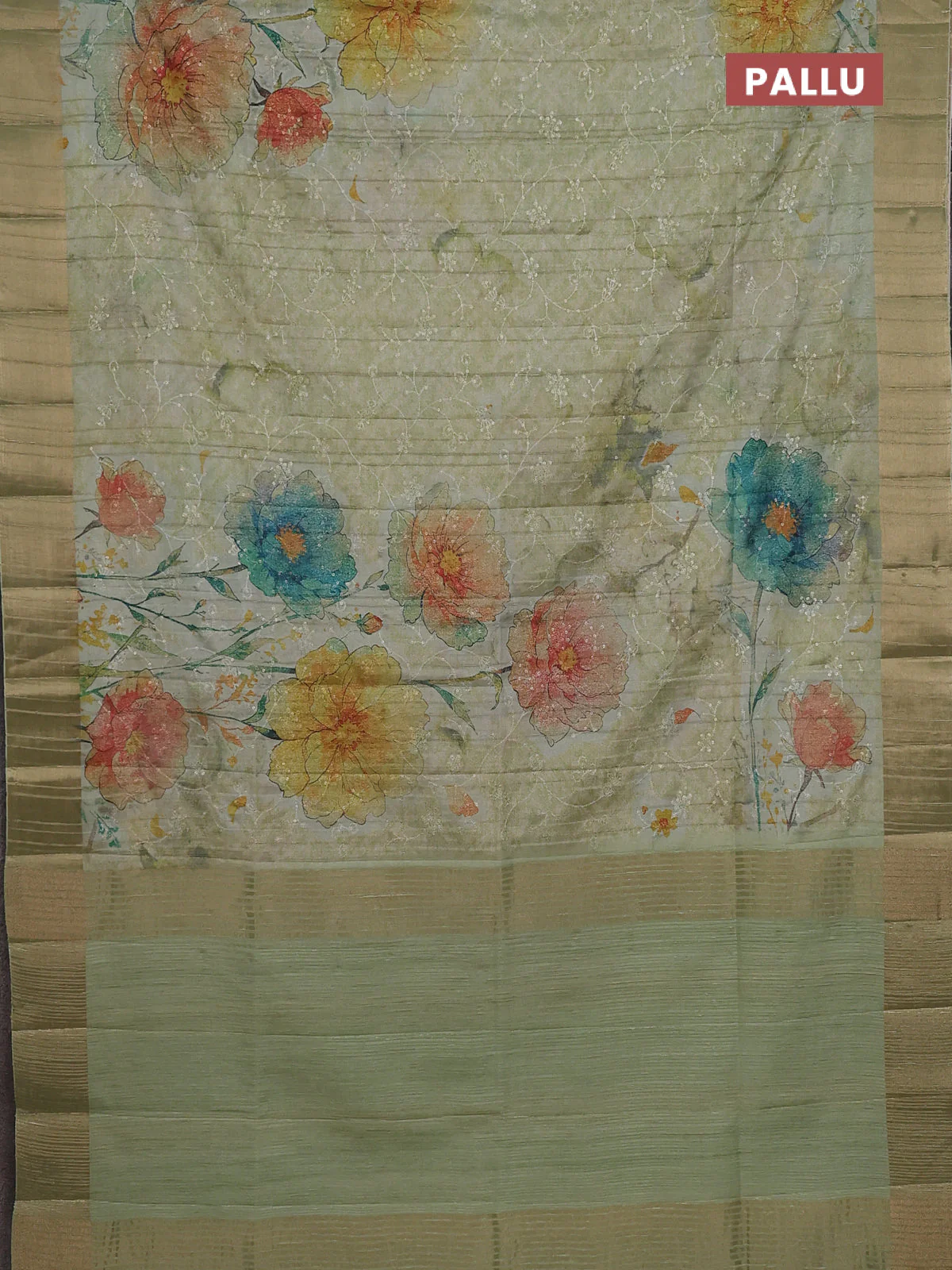 Semi matka saree pista green with allover floral prints & sequence work and zari woven border - Image 3