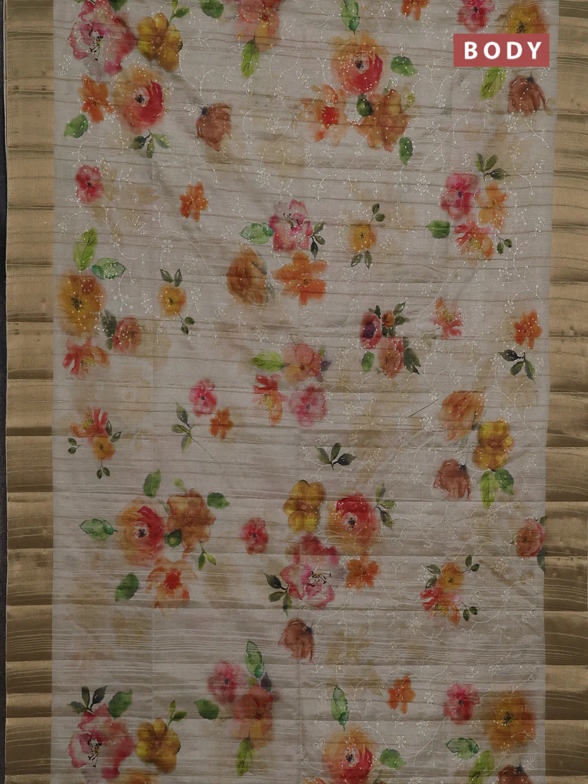 Semi matka saree pista green with allover floral prints & sequence work and zari woven border - Image 2
