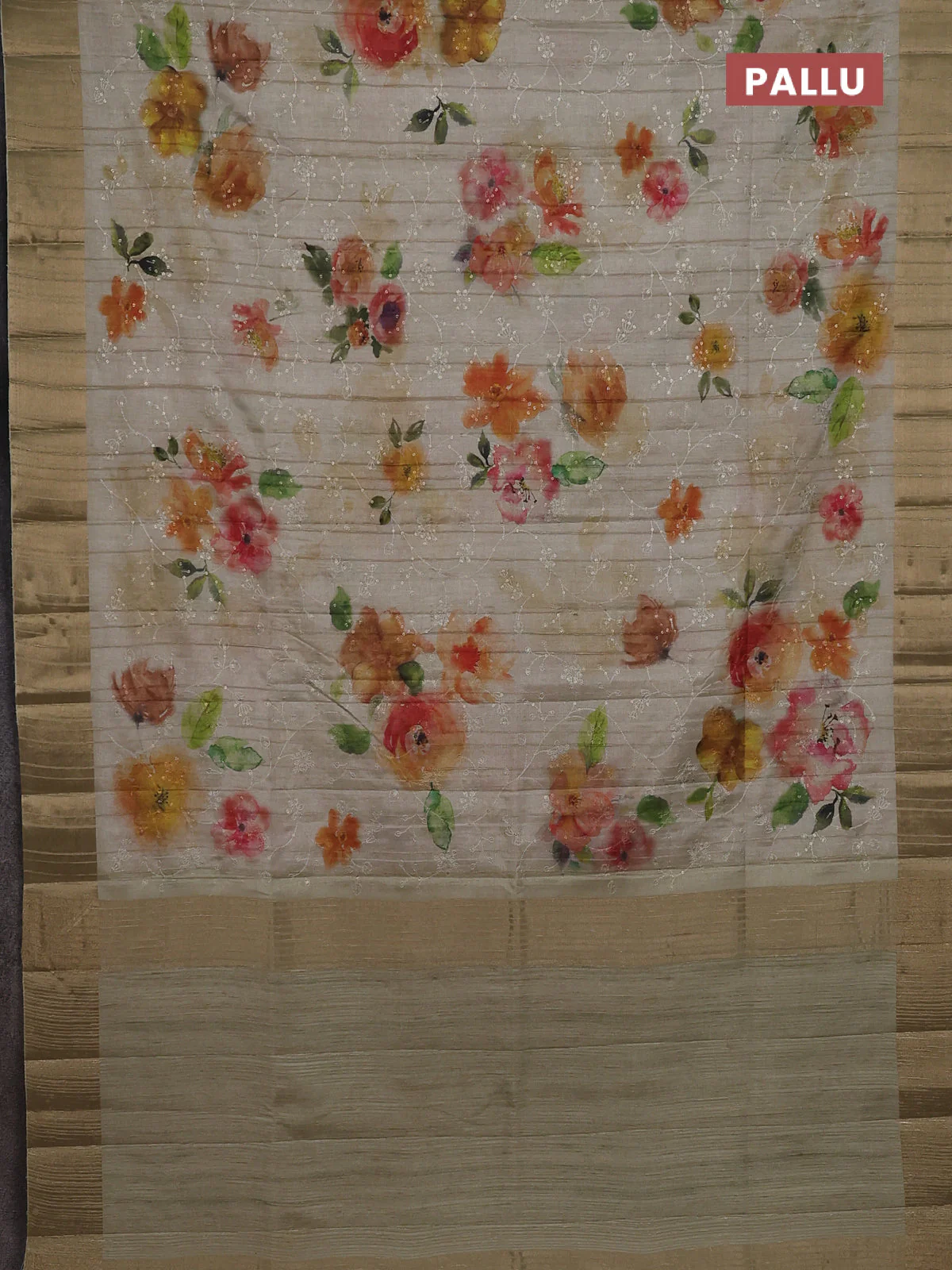 Semi matka saree pista green with allover floral prints & sequence work and zari woven border - Image 3