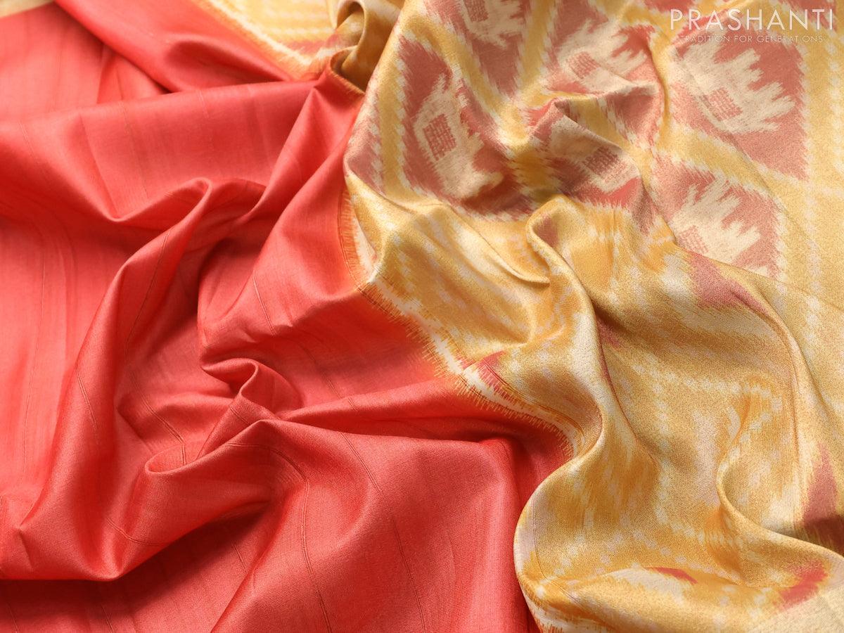 Semi matka saree reddish pink and mustard yellow with plain body and zari woven ikat style border - Image 3