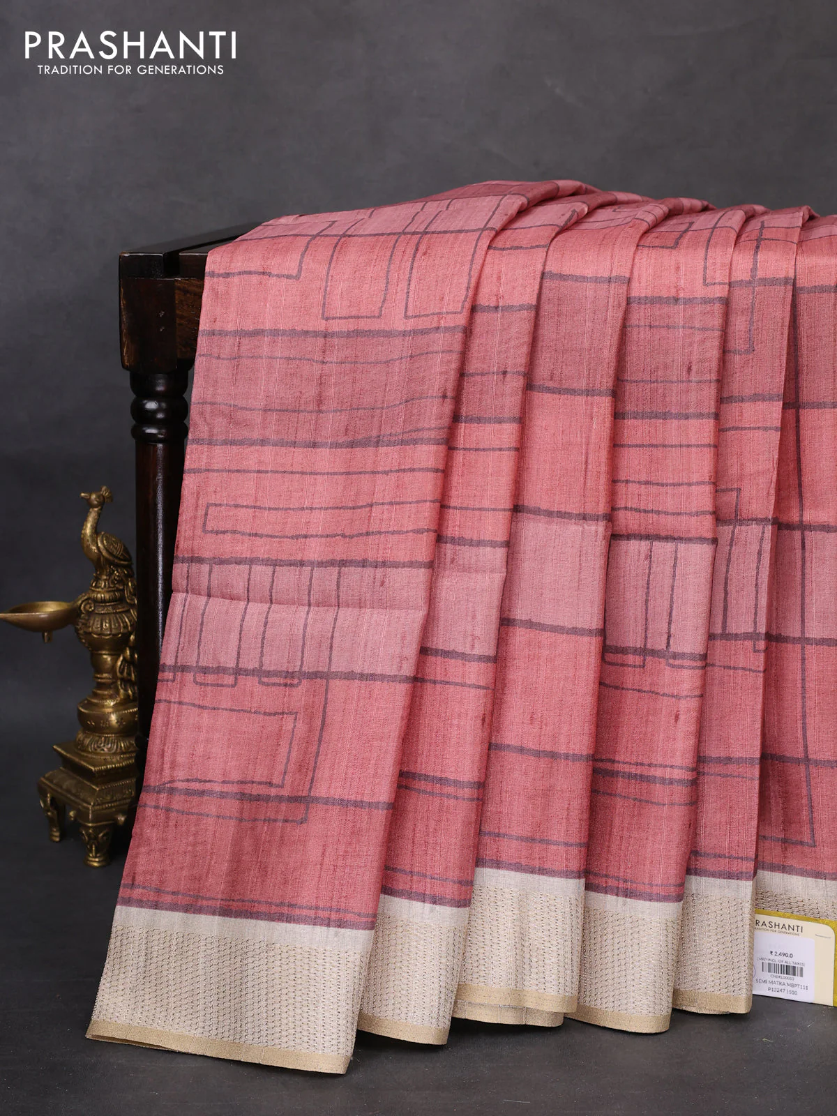 Semi matka saree rust shade and beige with allover geometric prints and zari woven border - Image 2