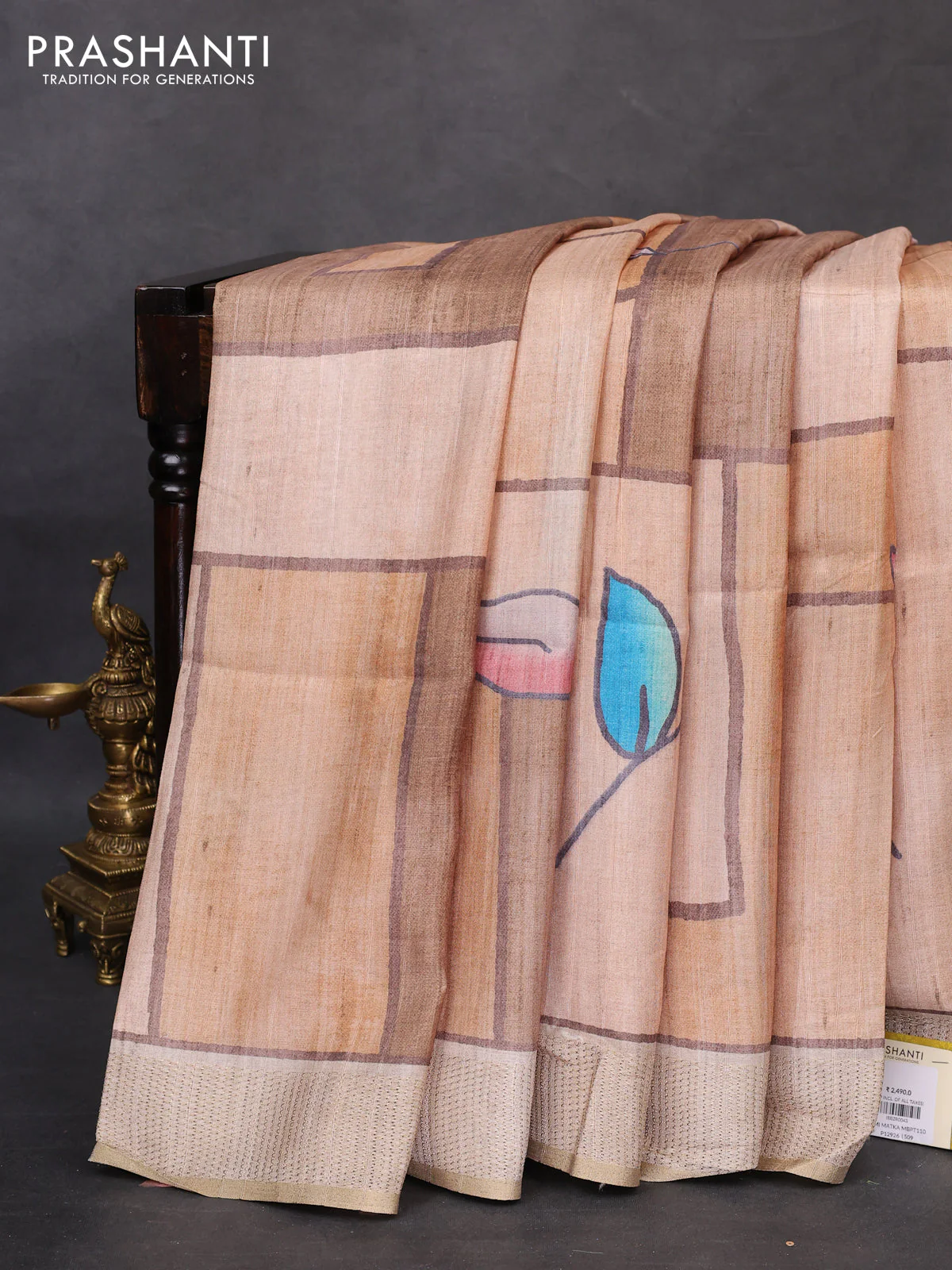 Semi matka saree sandal and beige with allover geometric prints and zari woven border - Image 2