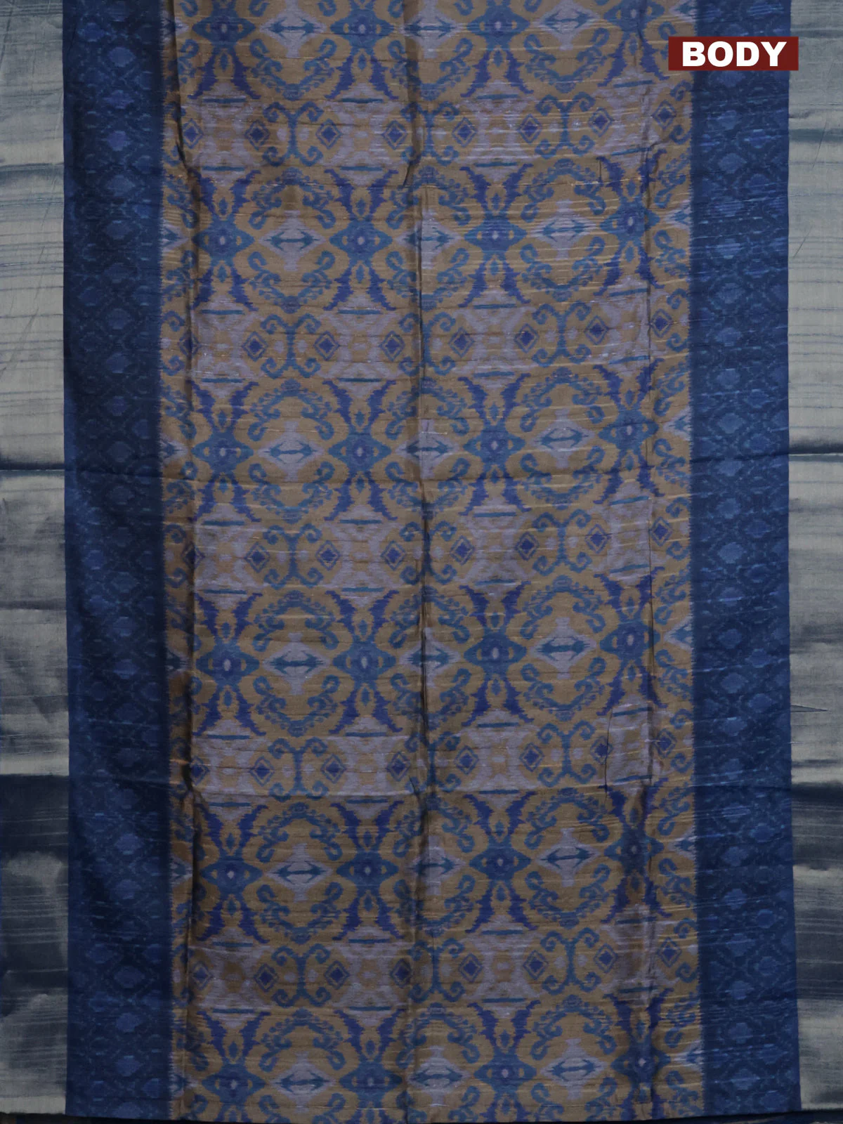 Semi matka saree sandal and blue with allover ikat prints and zari woven border - Image 2