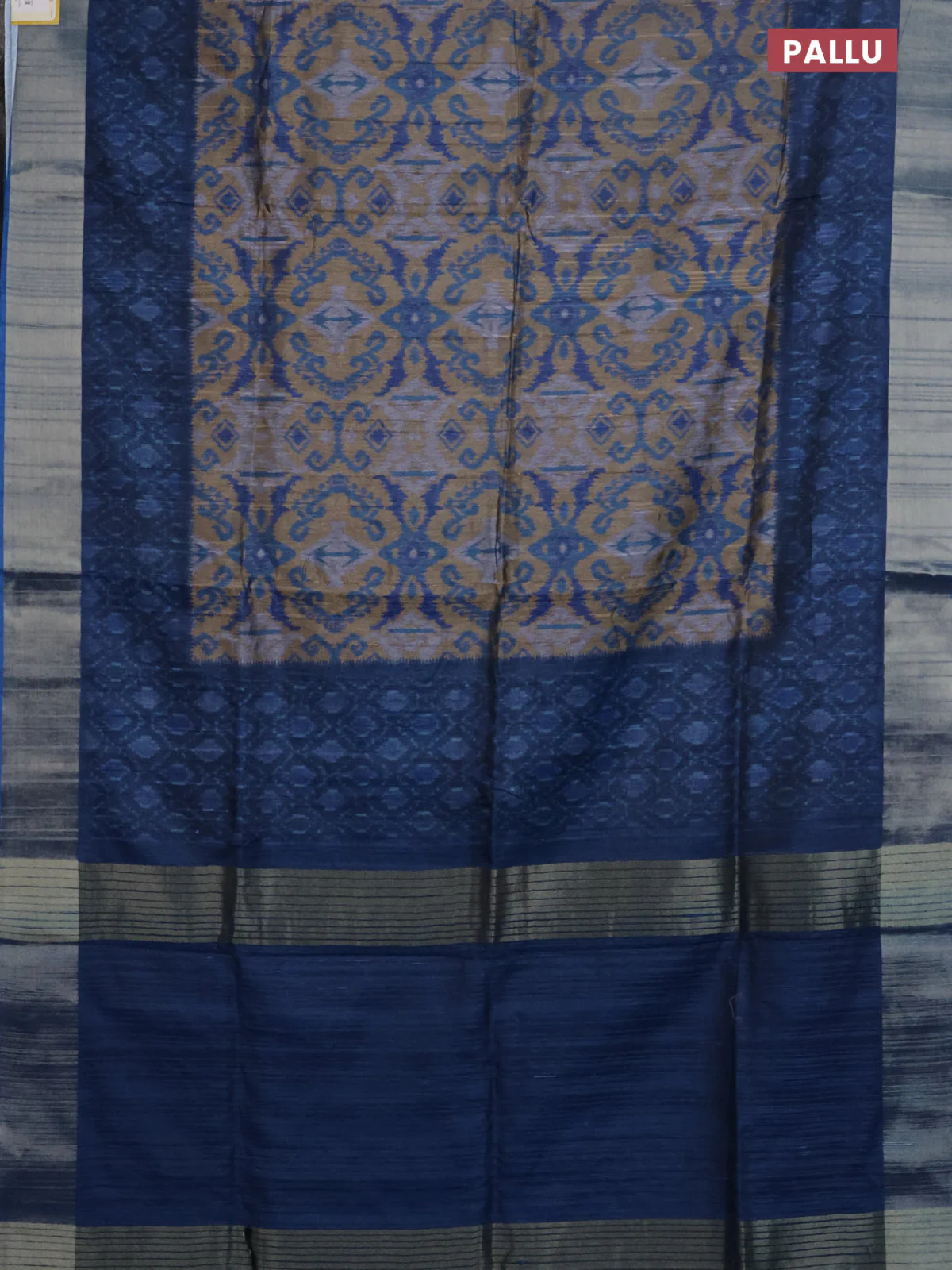 Semi matka saree sandal and blue with allover ikat prints and zari woven border - Image 3