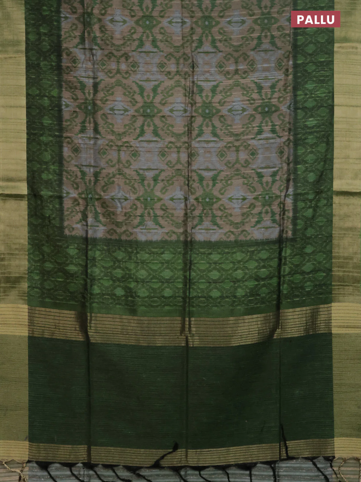Semi matka saree sandal and green with allover ikat prints and zari woven border - Image 3