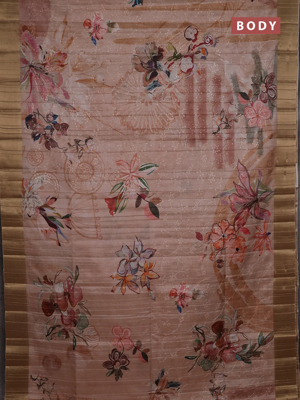 Semi matka saree sandal with allover floral prints & sequence work and zari woven border - Image 2