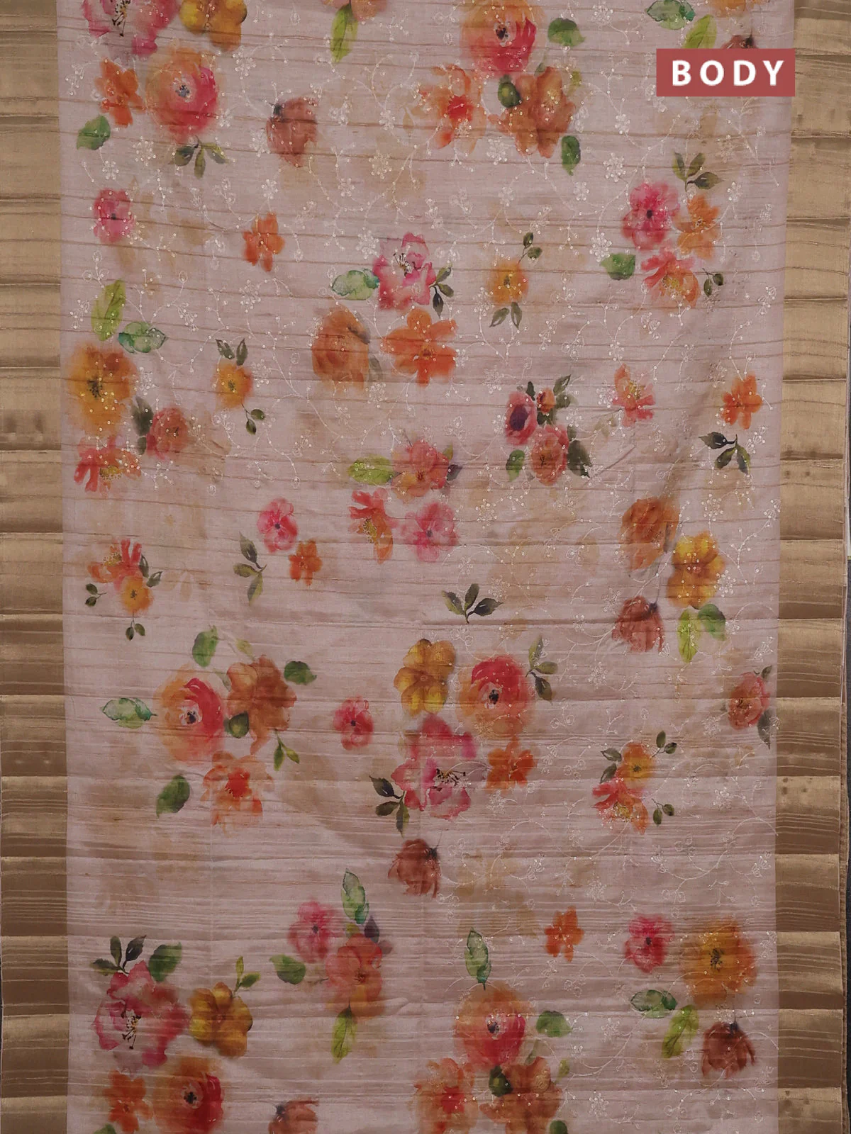 Semi matka saree sandal with allover floral prints & sequence work and zari woven border - Image 2