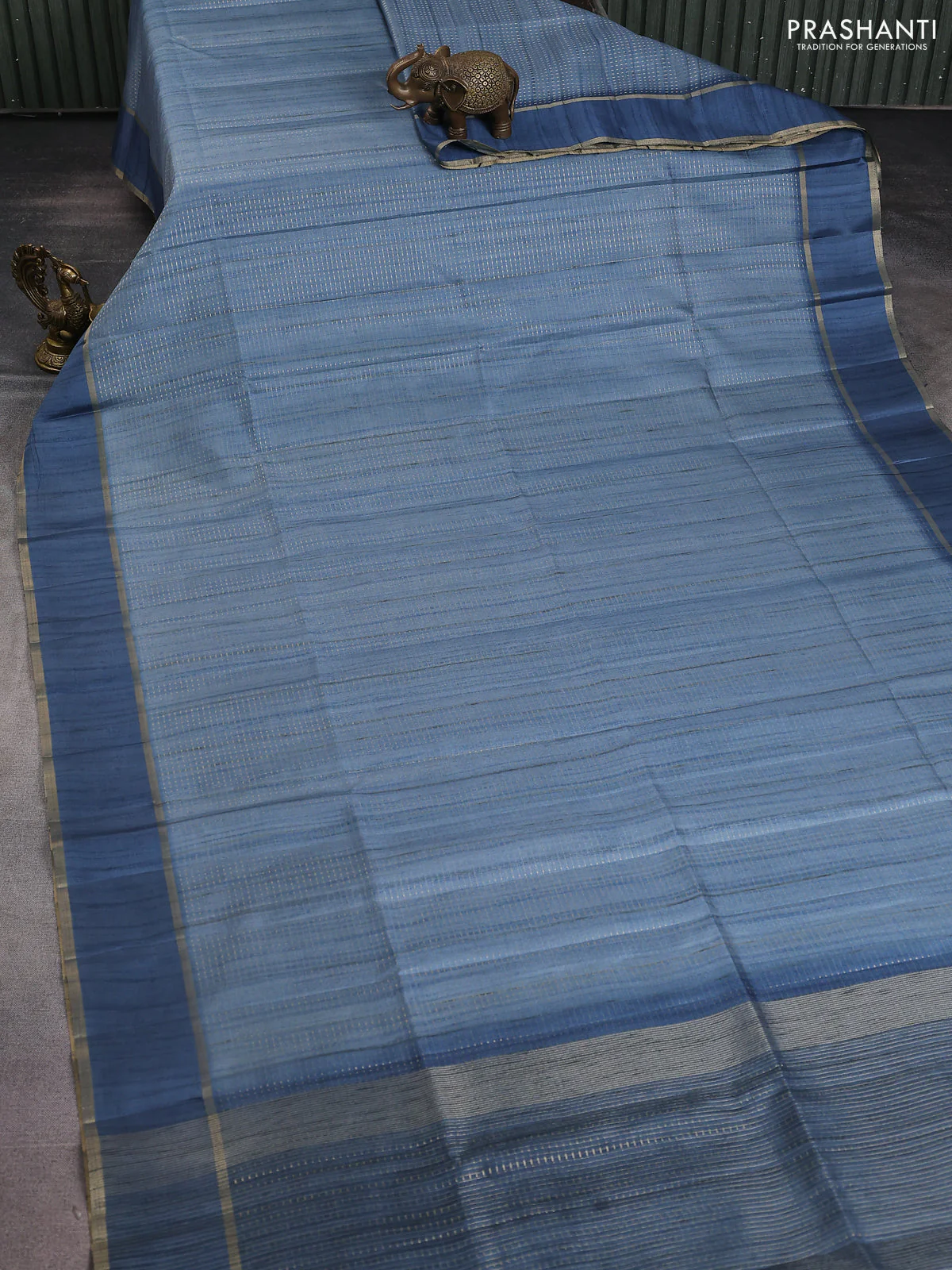 Semi matka saree teal blue with allover zari weaves and rettapet zari woven border - Image 2