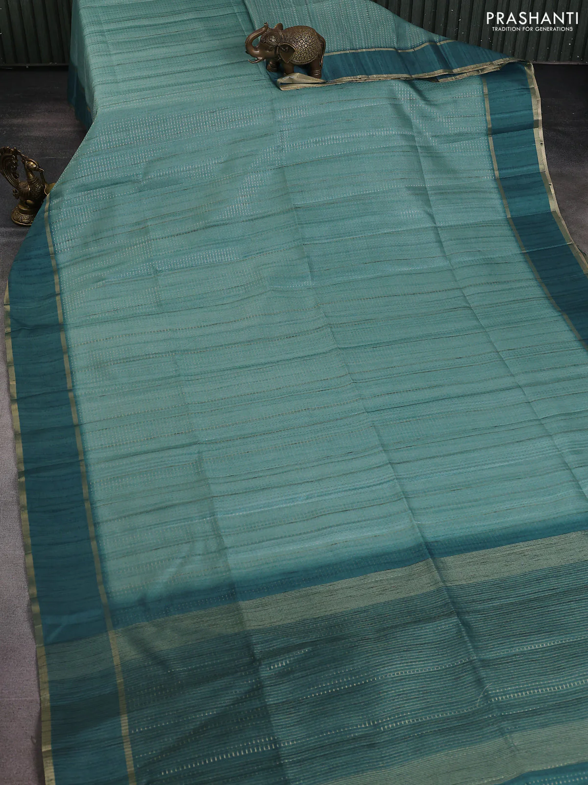 Semi matka saree teal green with allover zari weaves and rettapet zari woven border - Image 2