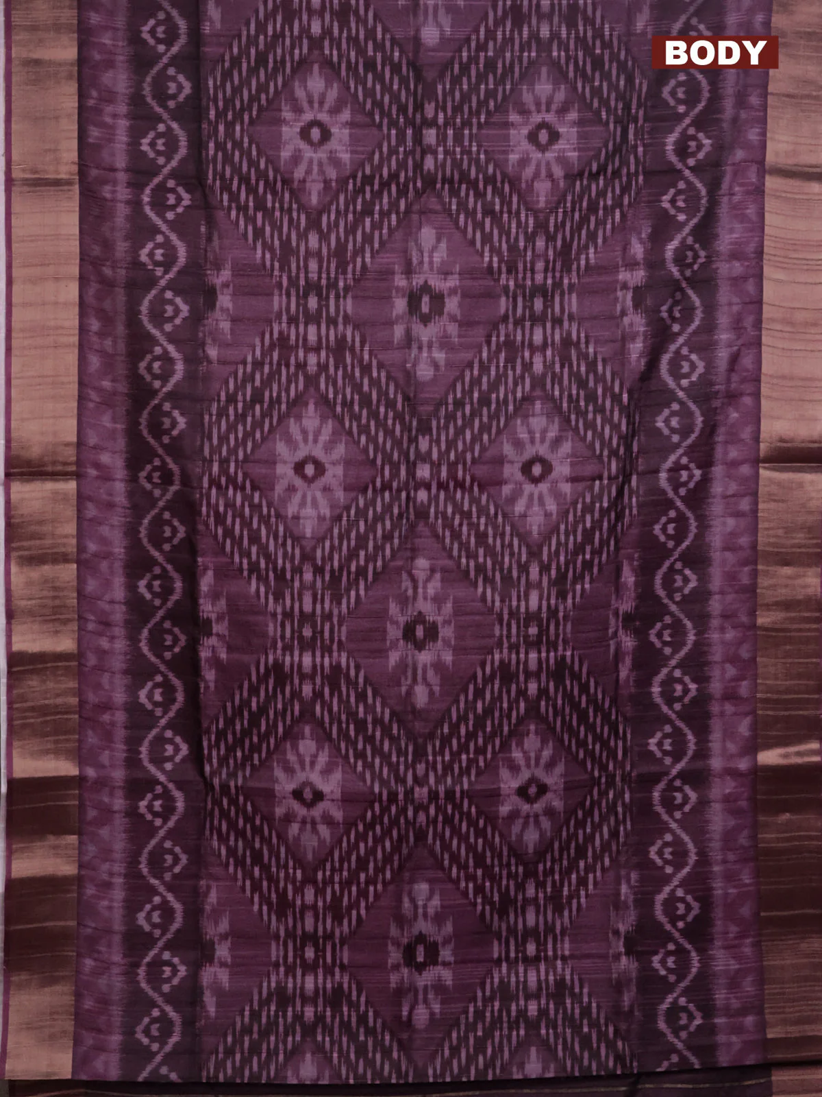 Semi matka saree wine shade with allover ikat prints and zari woven border - Image 2