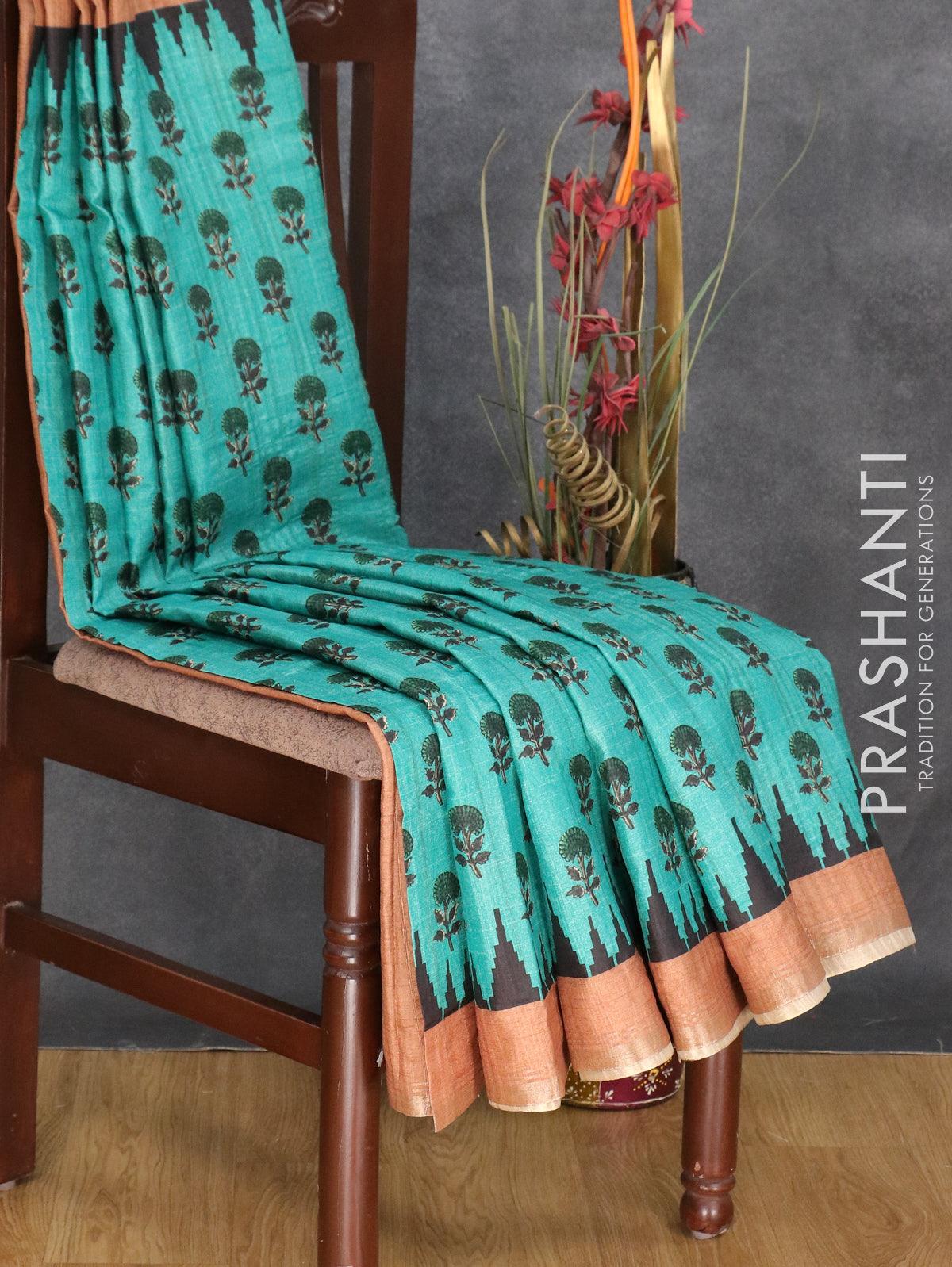 Semi matka silk saree teal green and rust shade with allover floral butta prints and temple design small zari woven border - Image 2