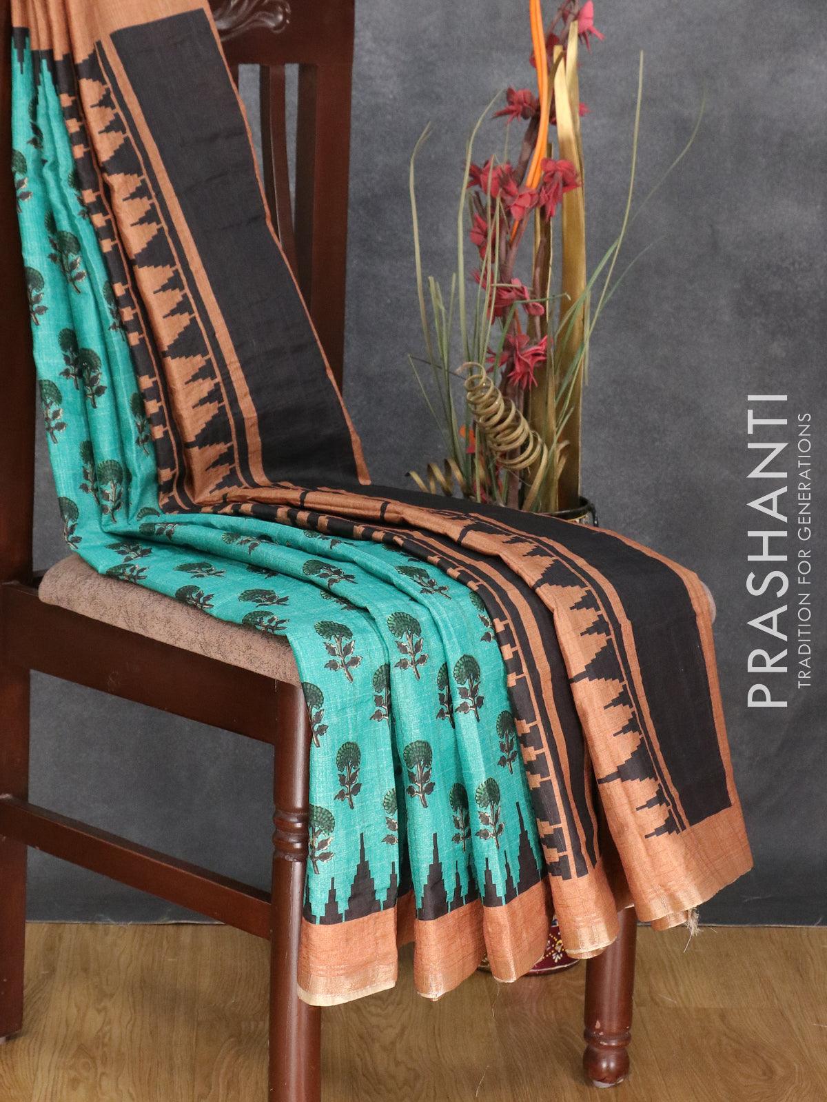 Semi matka silk saree teal green and rust shade with allover floral butta prints and temple design small zari woven border - Image 3