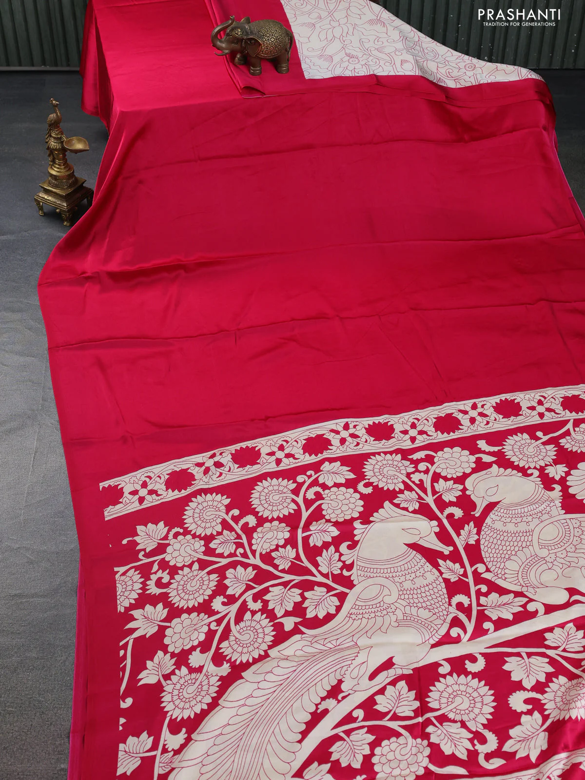 Semi modal partly saree pink with plain body and kalamkari pallu - Image 2