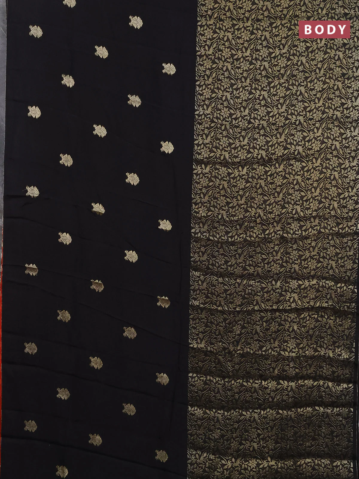 Semi mysore silk saree black and orange with half & half style and long zari woven border - Image 2
