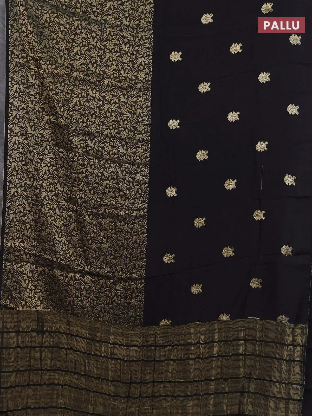 Semi mysore silk saree black and orange with half & half style and long zari woven border - Image 3