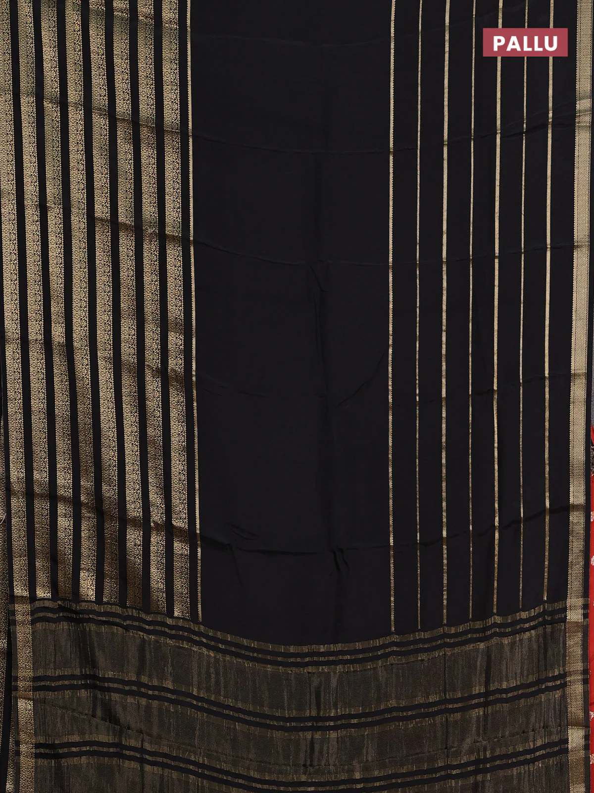 Semi mysore silk saree black and orange with plain body and long zari woven border - Image 3