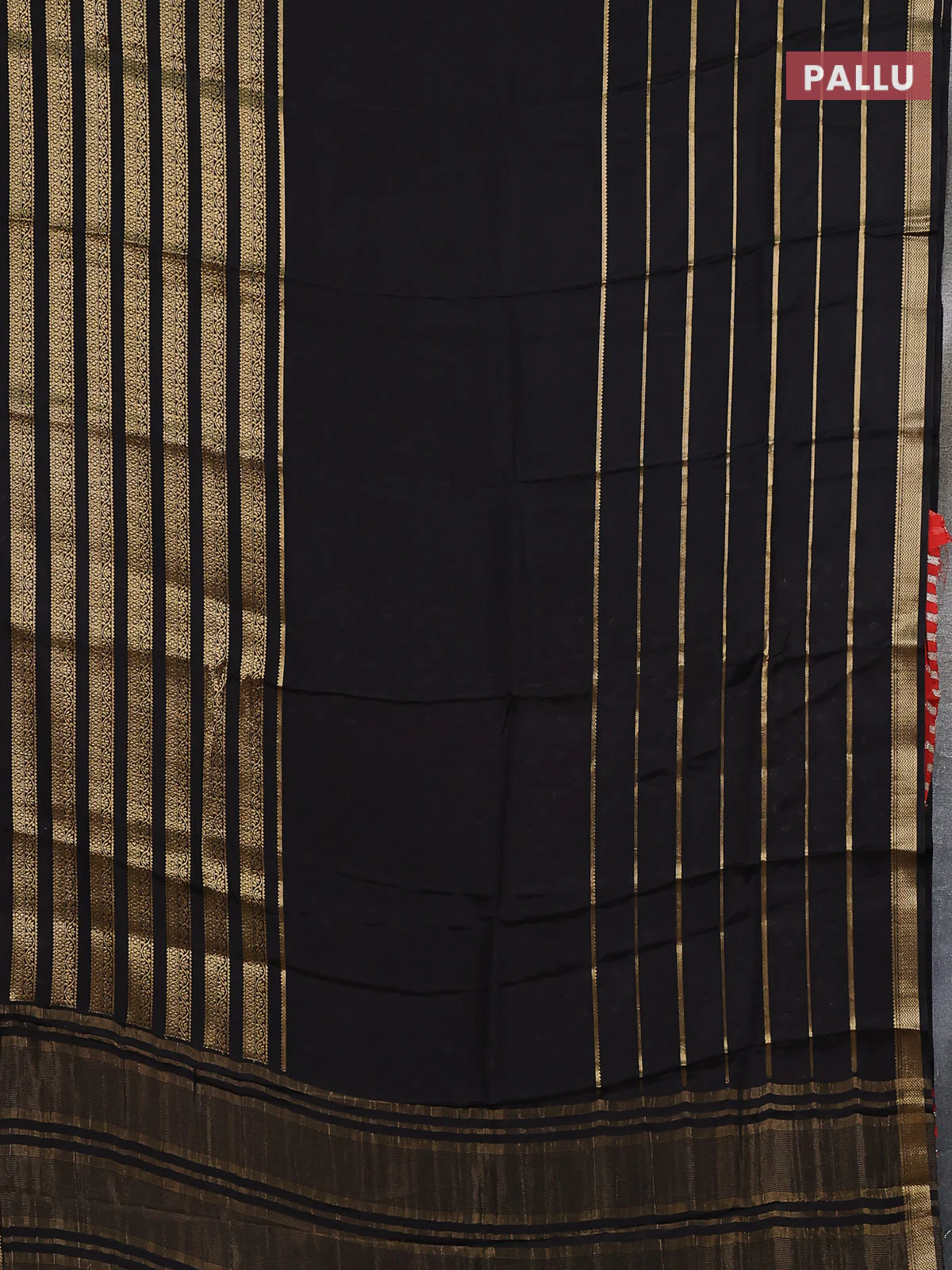 Semi mysore silk saree black and orange with plain body and long zari woven border - Image 3