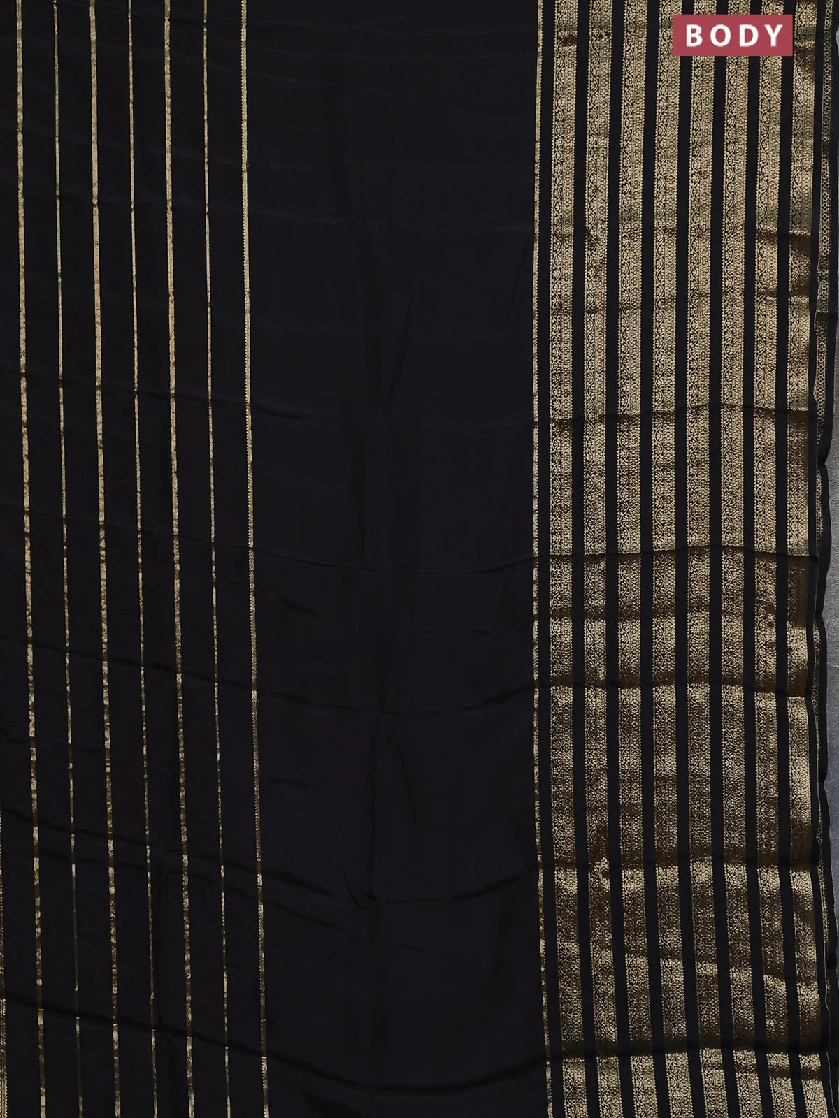 Semi mysore silk saree black and orange with plain body and long zari woven border - Image 2