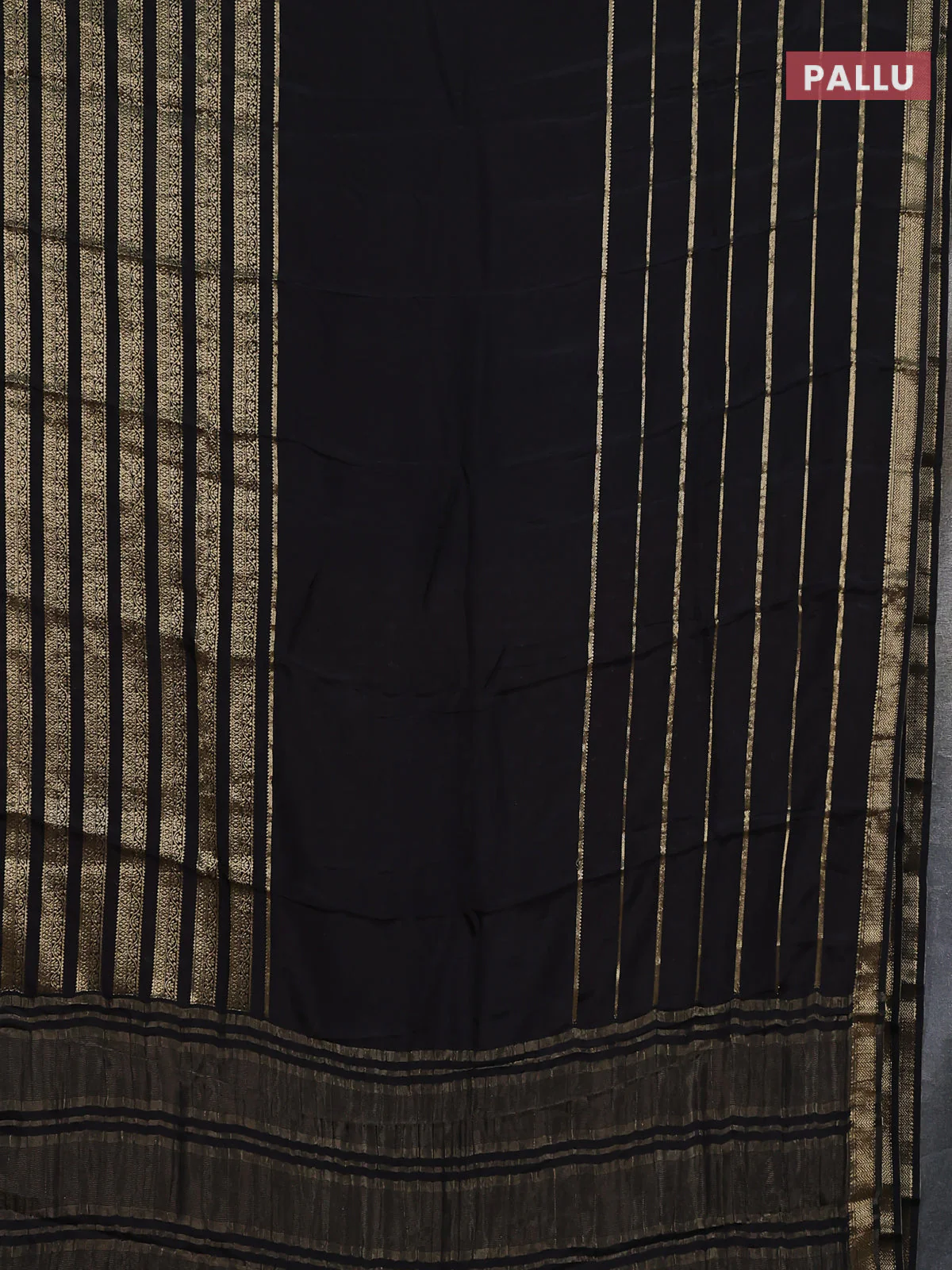 Semi mysore silk saree black and orange with plain body and long zari woven border - Image 3