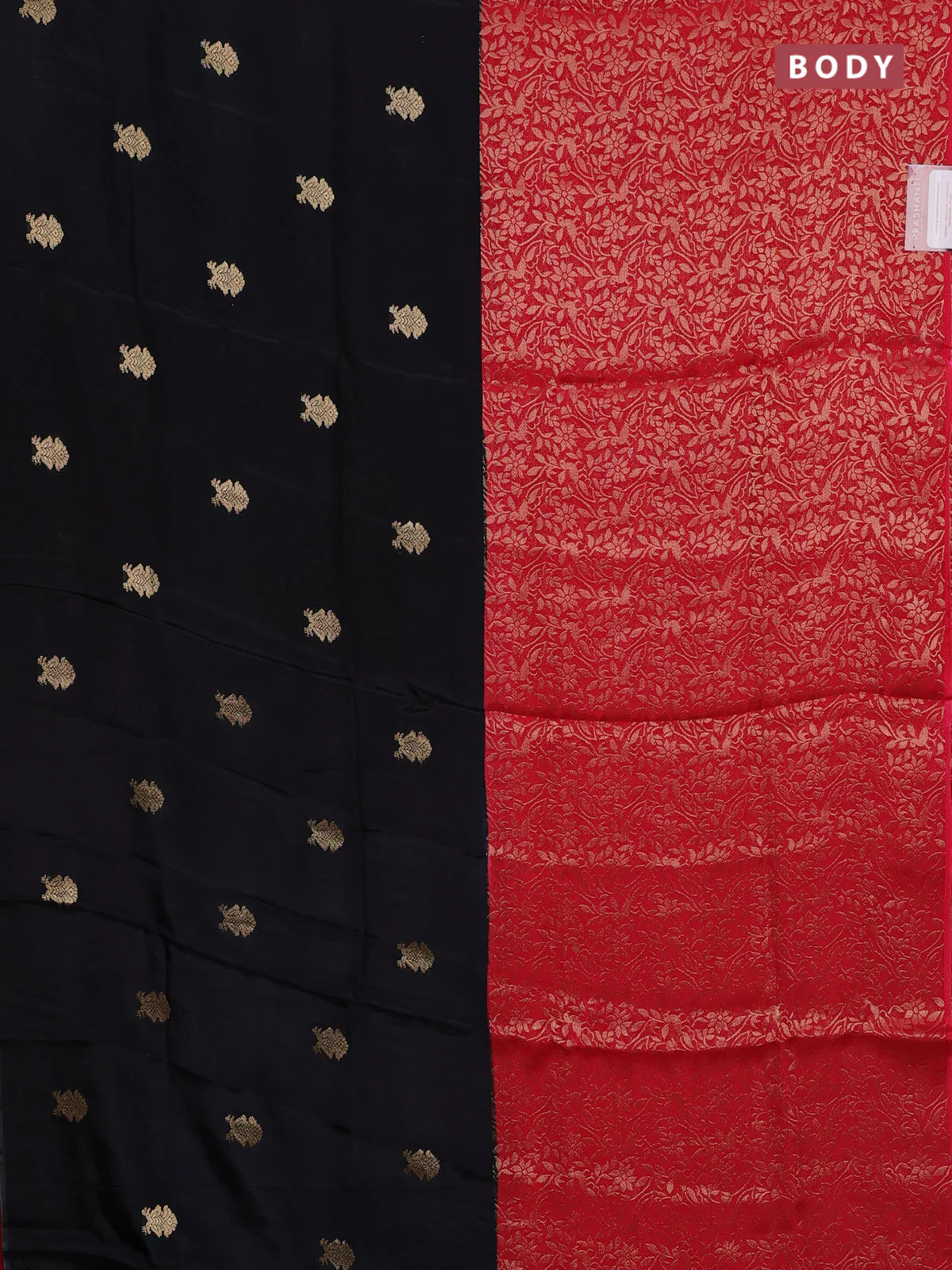 Semi mysore silk saree black and red with half & half style and long zari woven border - Image 2