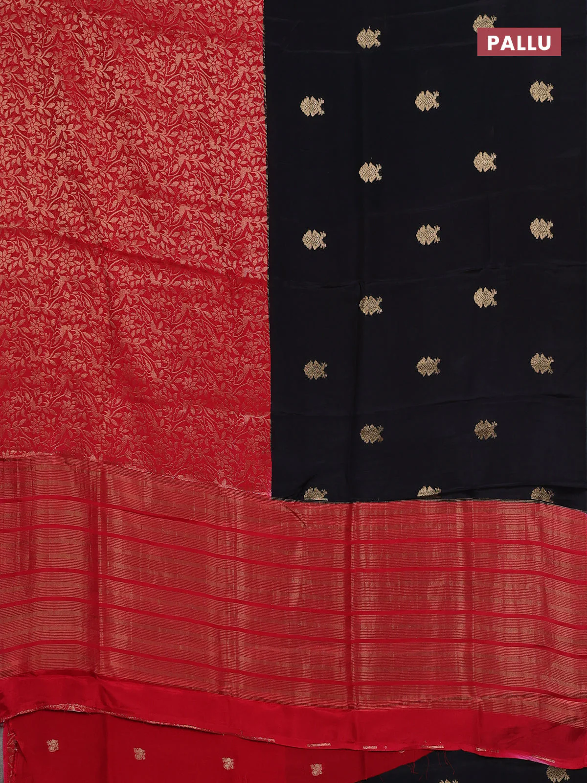 Semi mysore silk saree black and red with half & half style and long zari woven border - Image 3