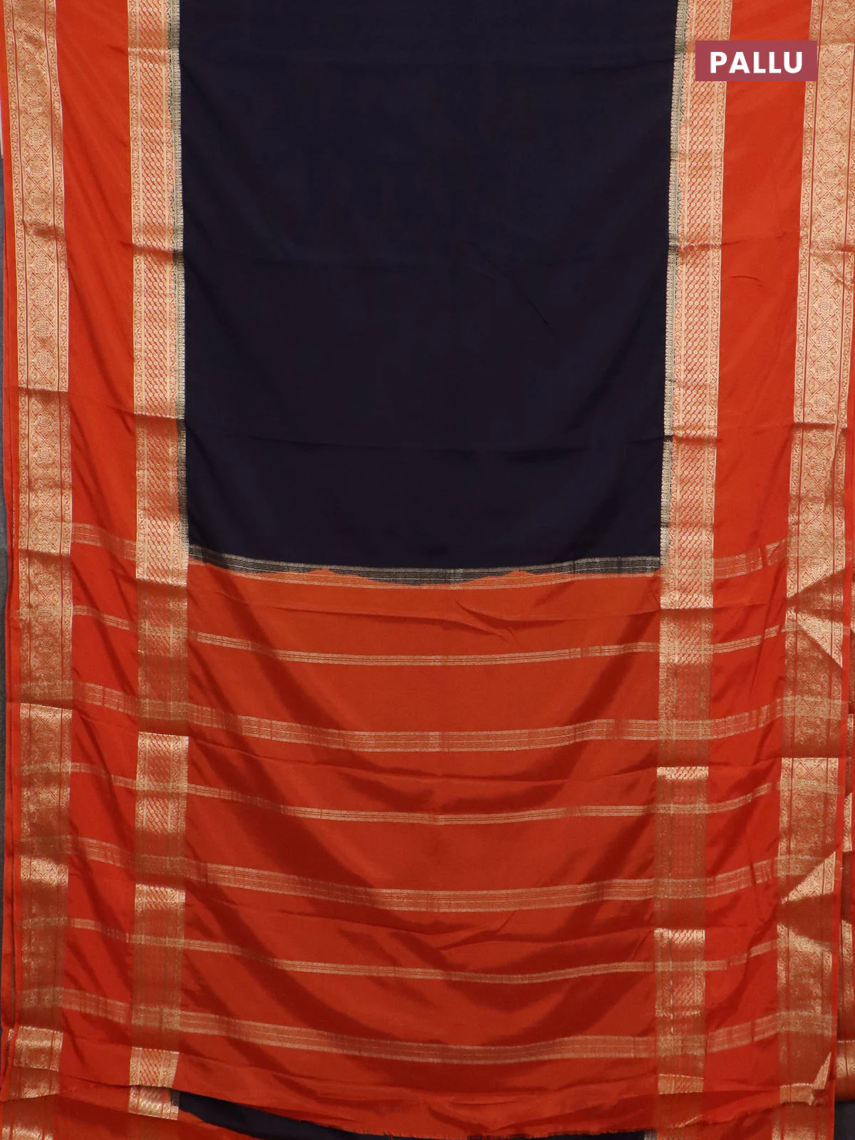 Semi mysore silk saree black and rust shade with plain body and rettapet zari woven border - Image 3