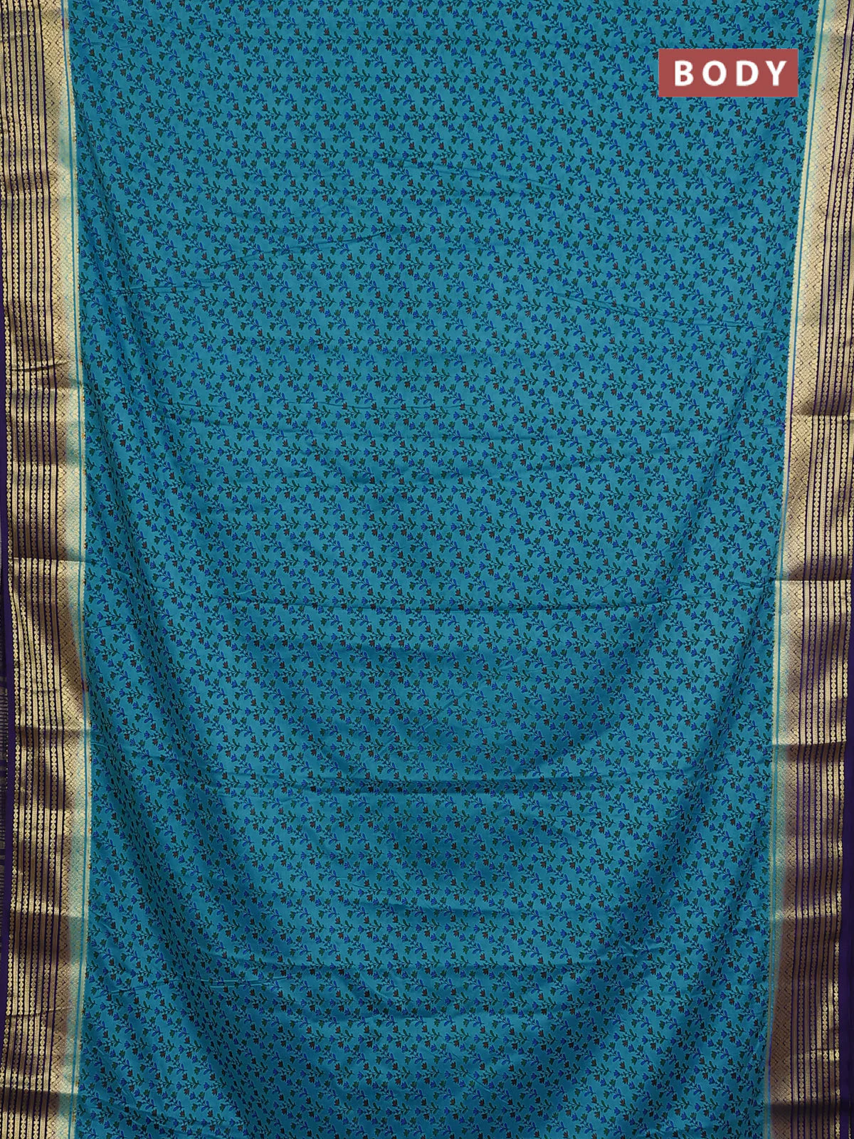 Semi mysore silk saree blue and violet with allover prints and zari woven border - Image 2
