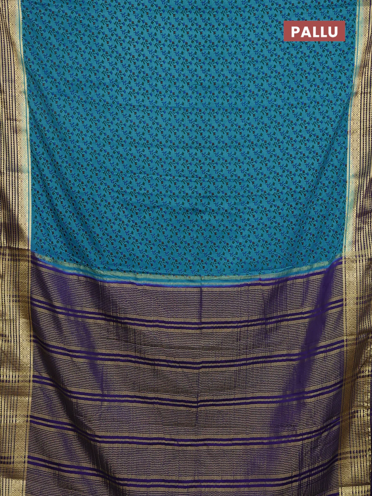 Semi mysore silk saree blue and violet with allover prints and zari woven border - Image 3