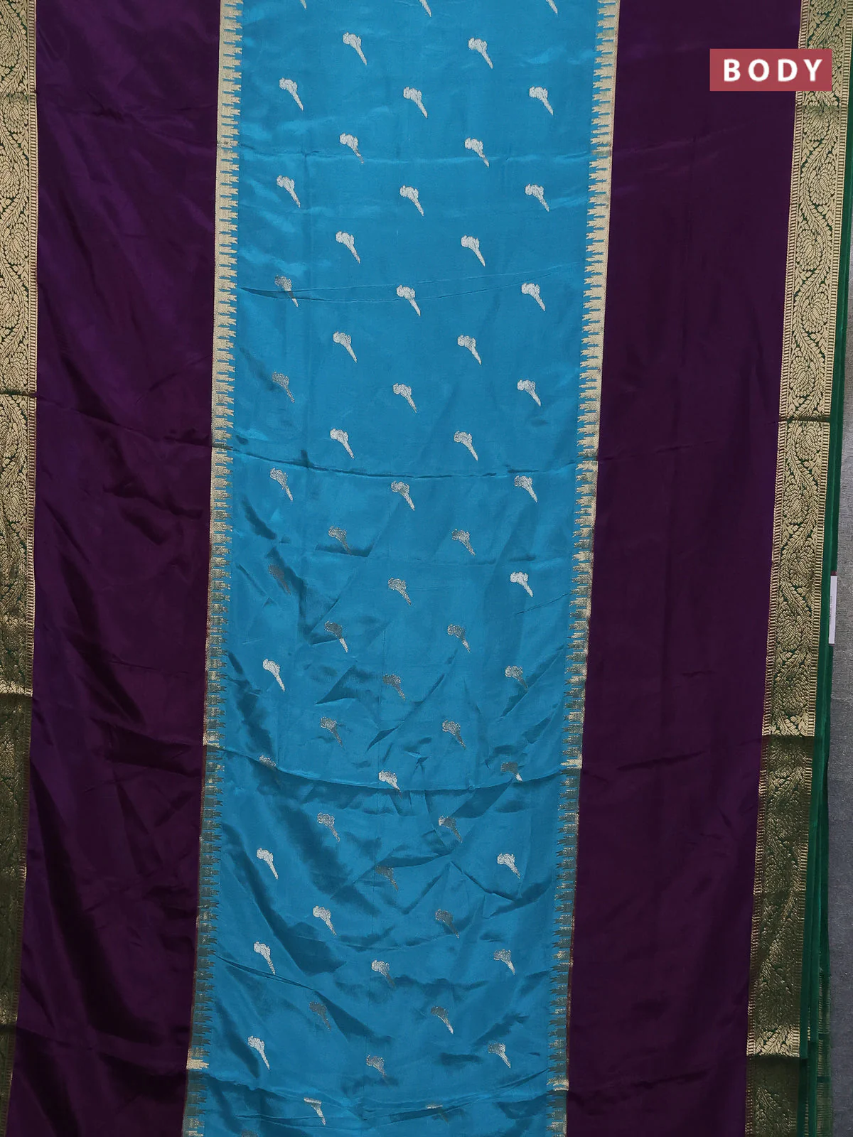 Semi mysore silk saree blue shade violet and green with zari woven buttas and rettapet zari woven border - Image 2