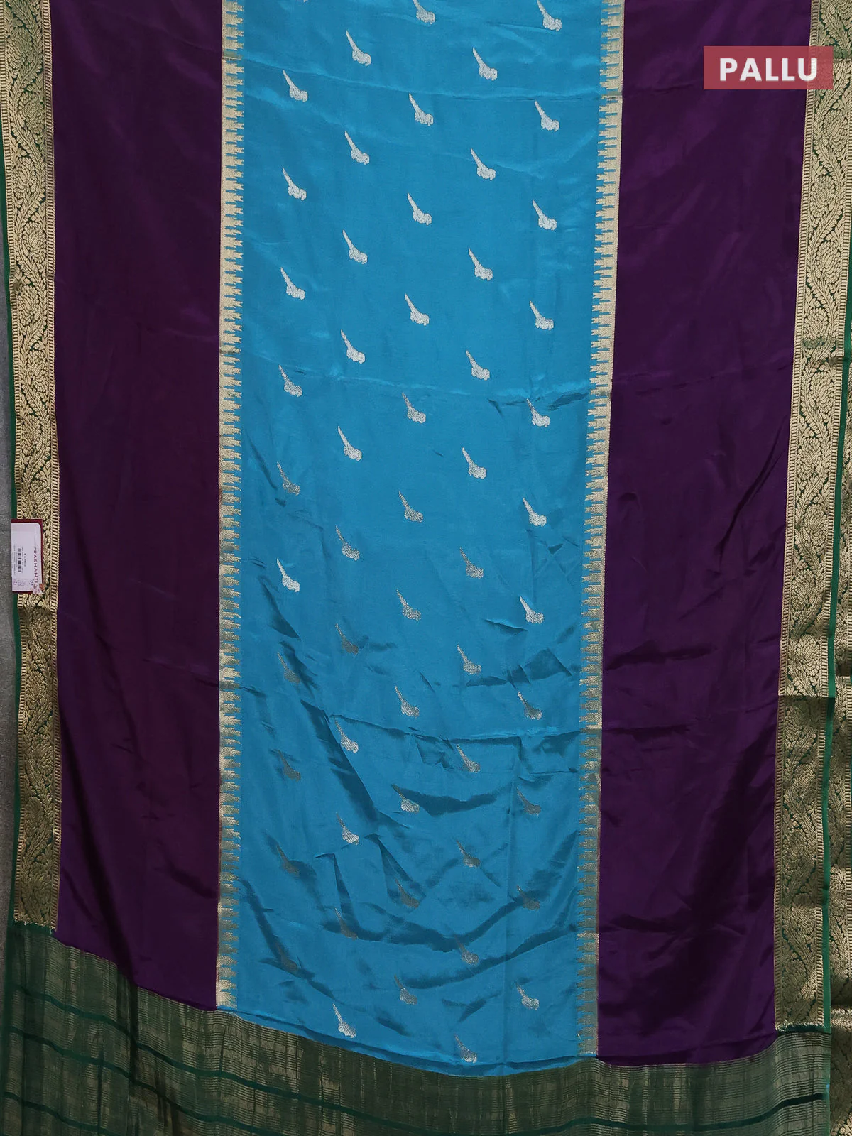 Semi mysore silk saree blue shade violet and green with zari woven buttas and rettapet zari woven border - Image 3