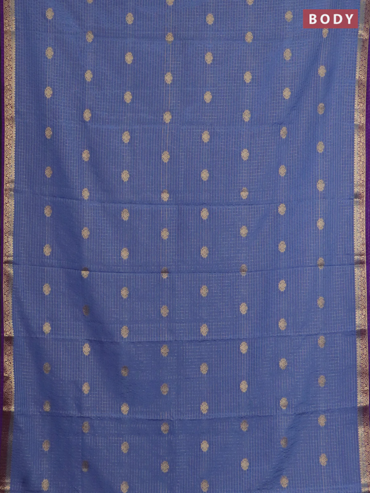 Semi mysore silk saree bluish grey and violet with allover zari checks pattern & buttas and zari woven border - Image 2