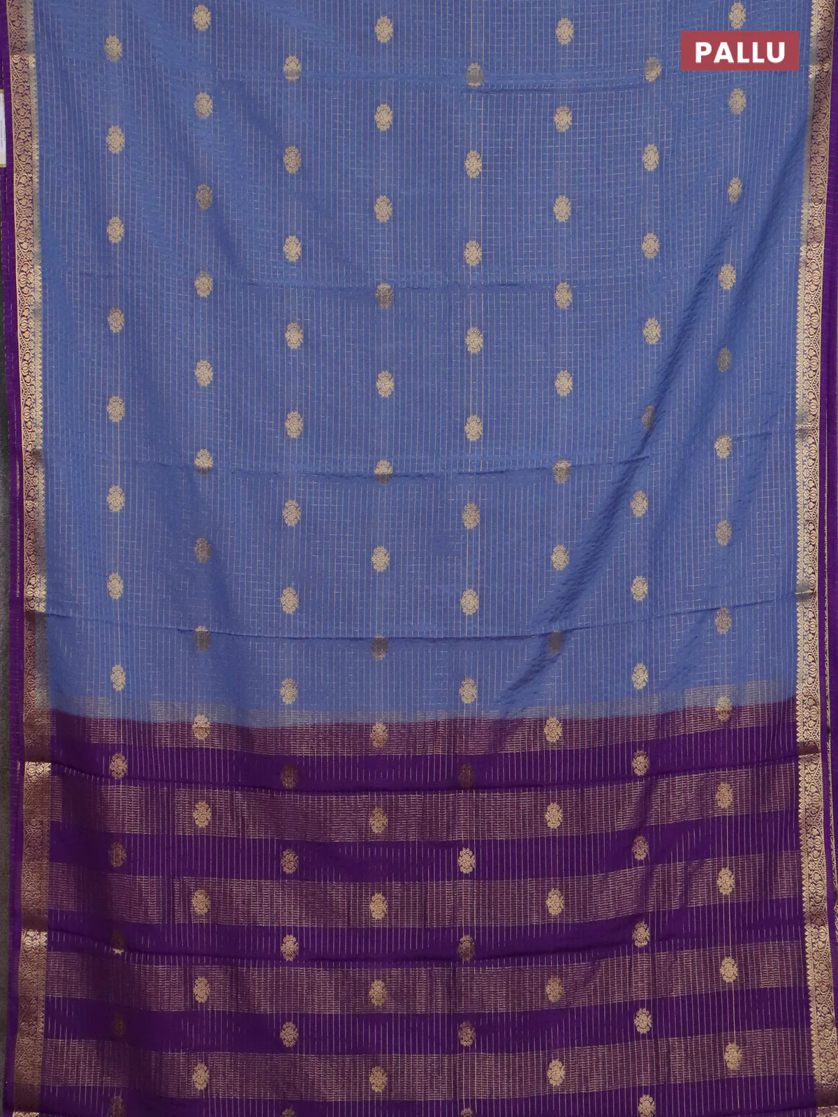 Semi mysore silk saree bluish grey and violet with allover zari checks pattern & buttas and zari woven border - Image 3