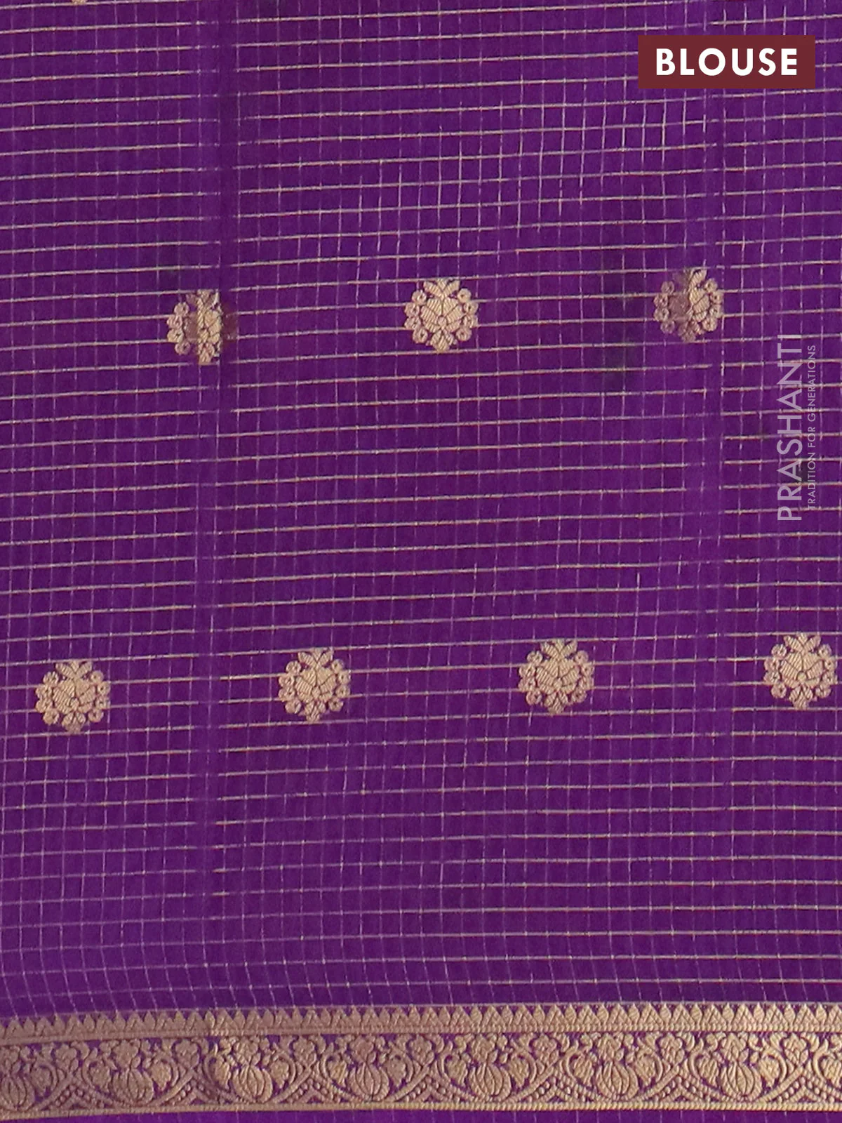 Semi mysore silk saree bluish grey and violet with allover zari checks pattern & buttas and zari woven border - Image 4
