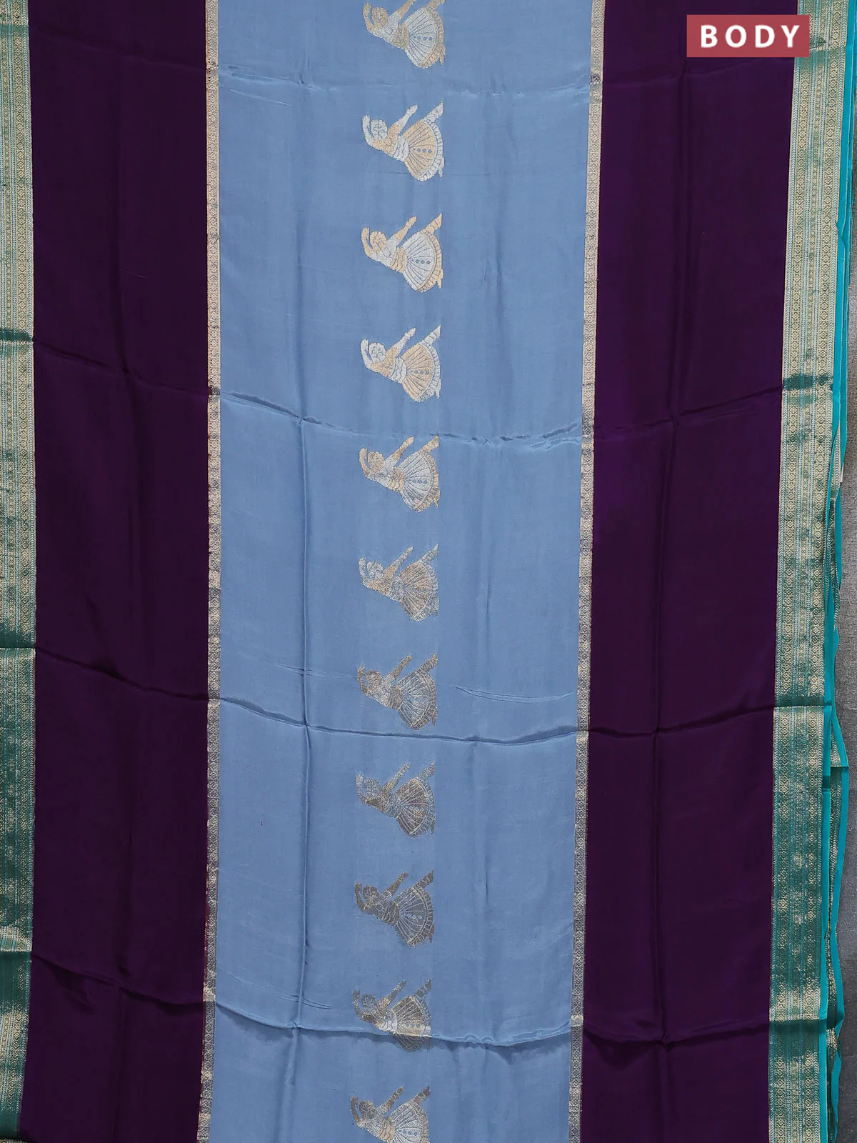 Semi mysore silk saree bluish grey and violet with zari woven buttas and zari woven border - Image 2