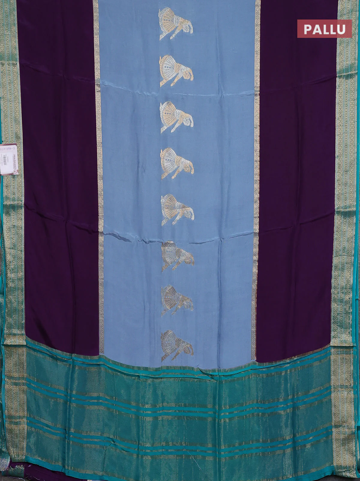Semi mysore silk saree bluish grey and violet with zari woven buttas and zari woven border - Image 3