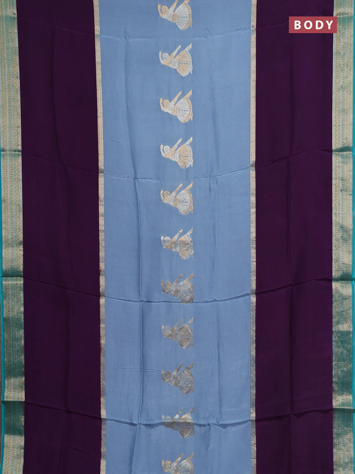Semi mysore silk saree bluish grey purple and teal shade with zari woven buttas and long zari woven border - Image 2