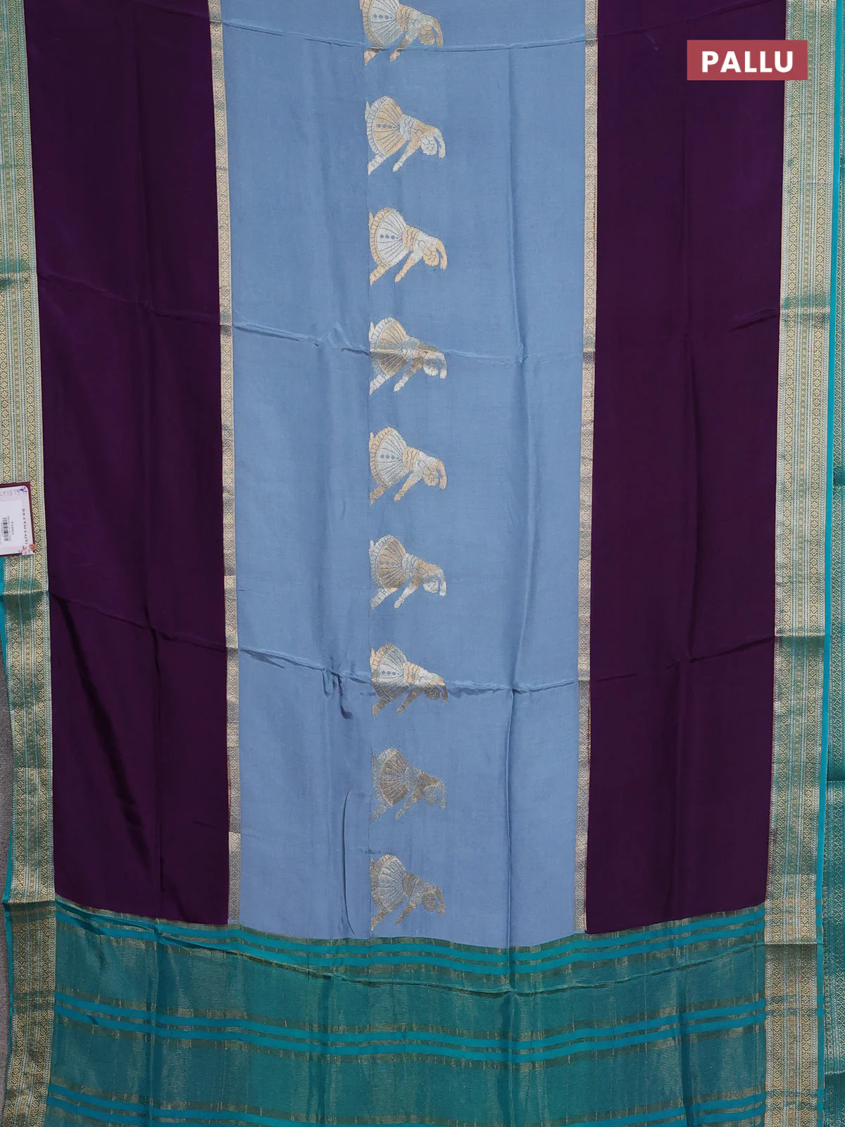 Semi mysore silk saree bluish grey purple and teal shade with zari woven buttas and long zari woven border - Image 3